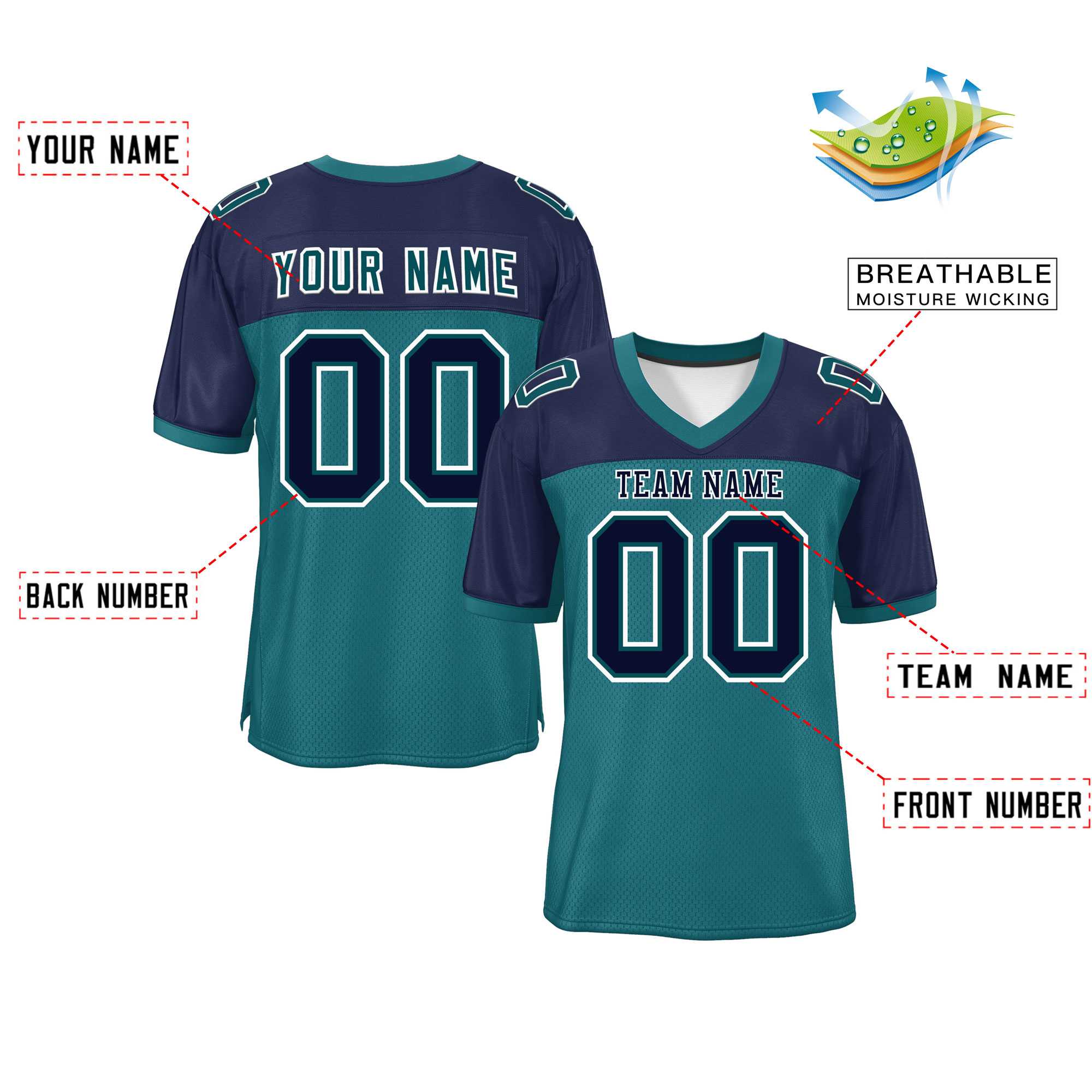 Custom Aqua-Navy Raglan Sleeves Fashion Authentic Football Jersey