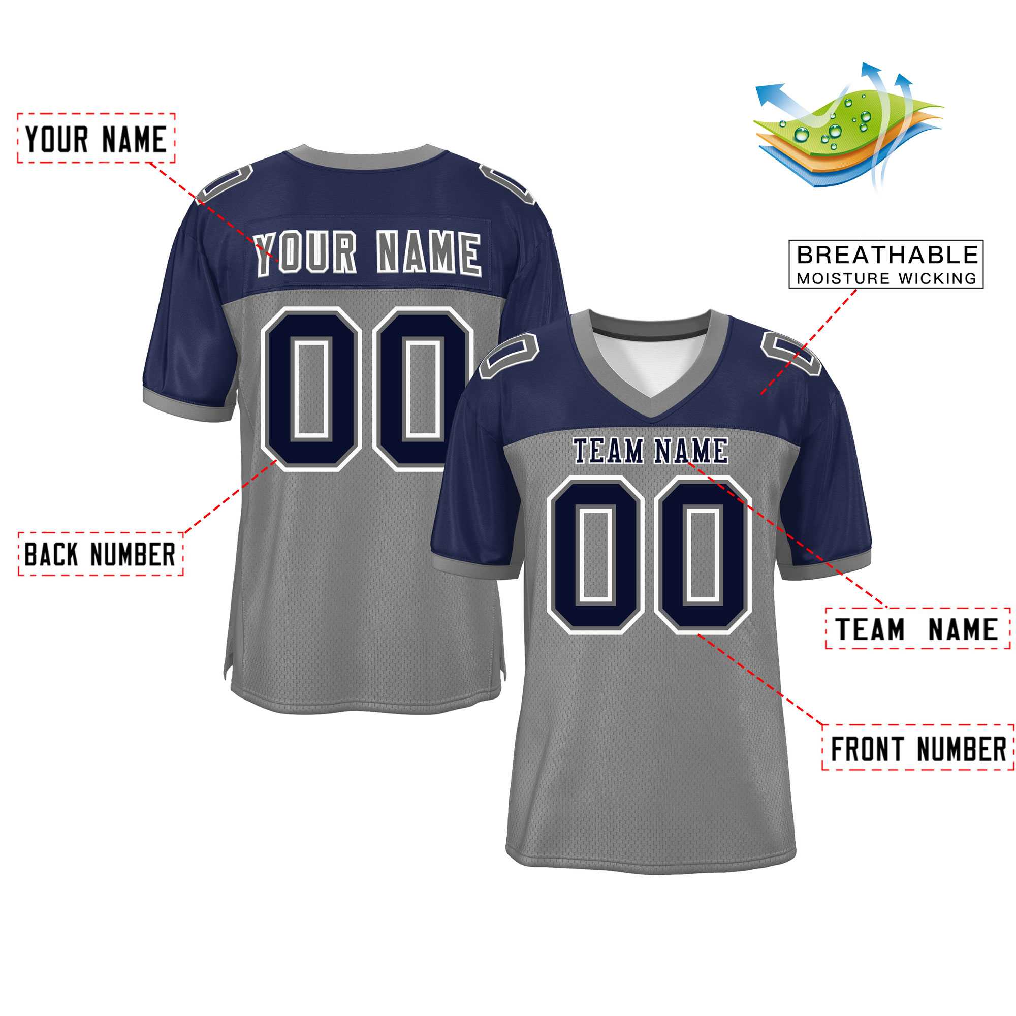 Custom Gray-Navy Raglan Sleeves Fashion Authentic Football Jersey