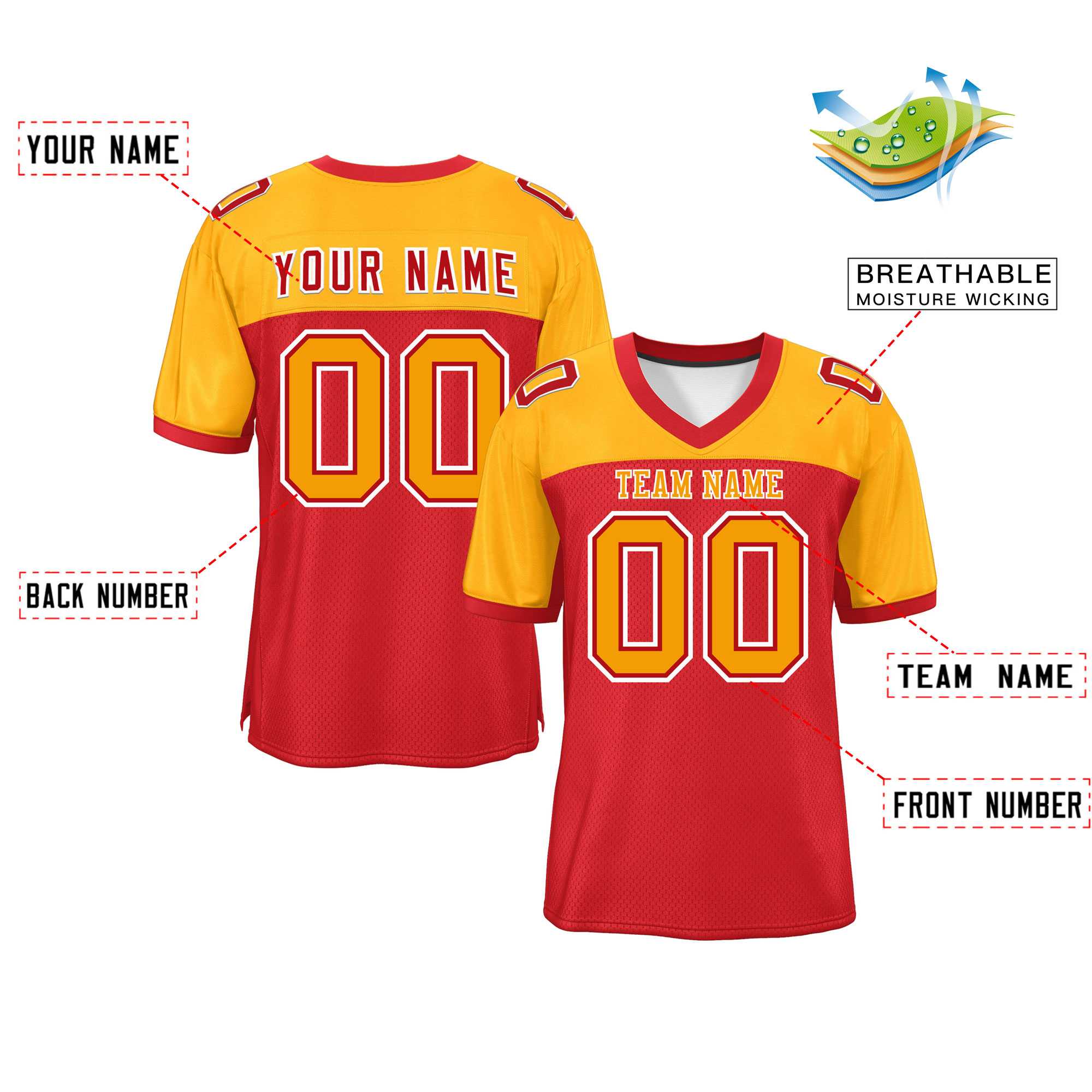 Custom Red-Yellow Raglan Sleeves Fashion Authentic Football Jersey