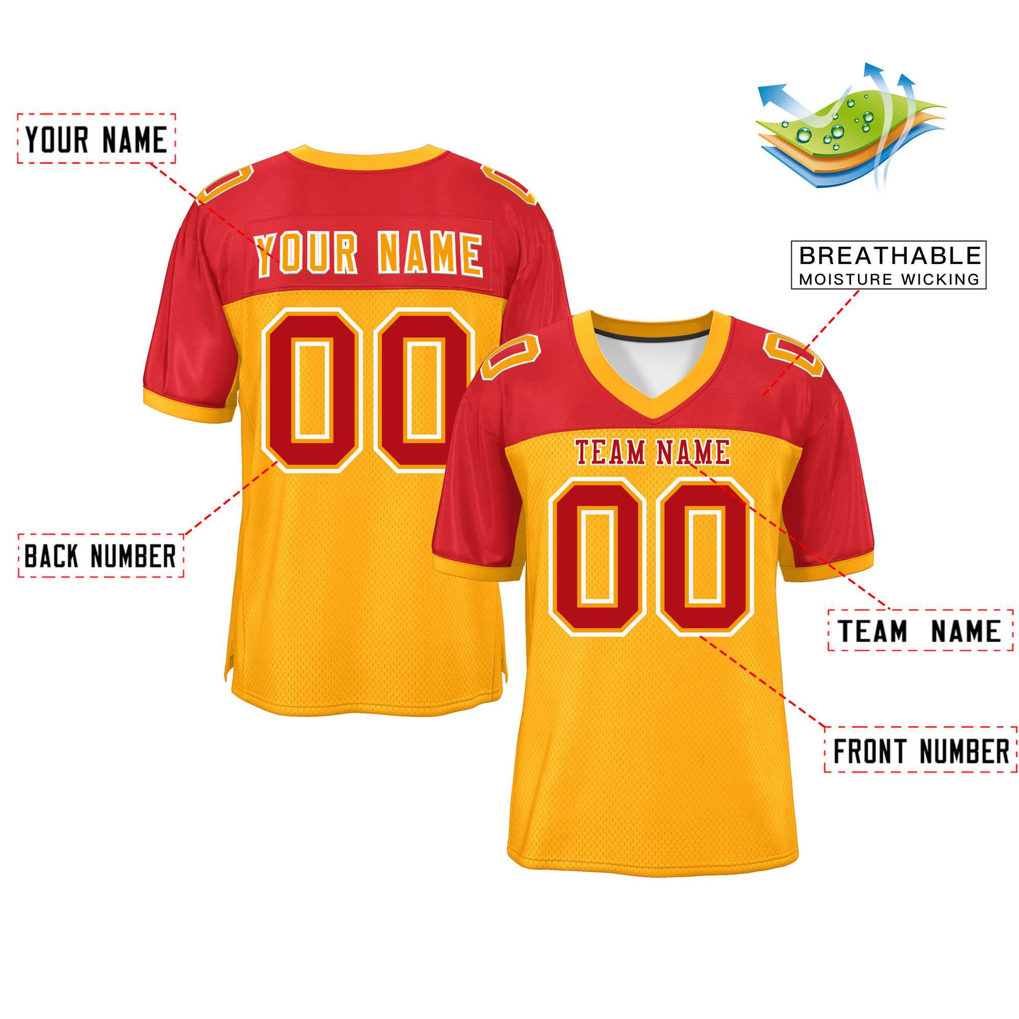 Custom Yellow-Red Raglan Sleeves Fashion Authentic Football Jersey