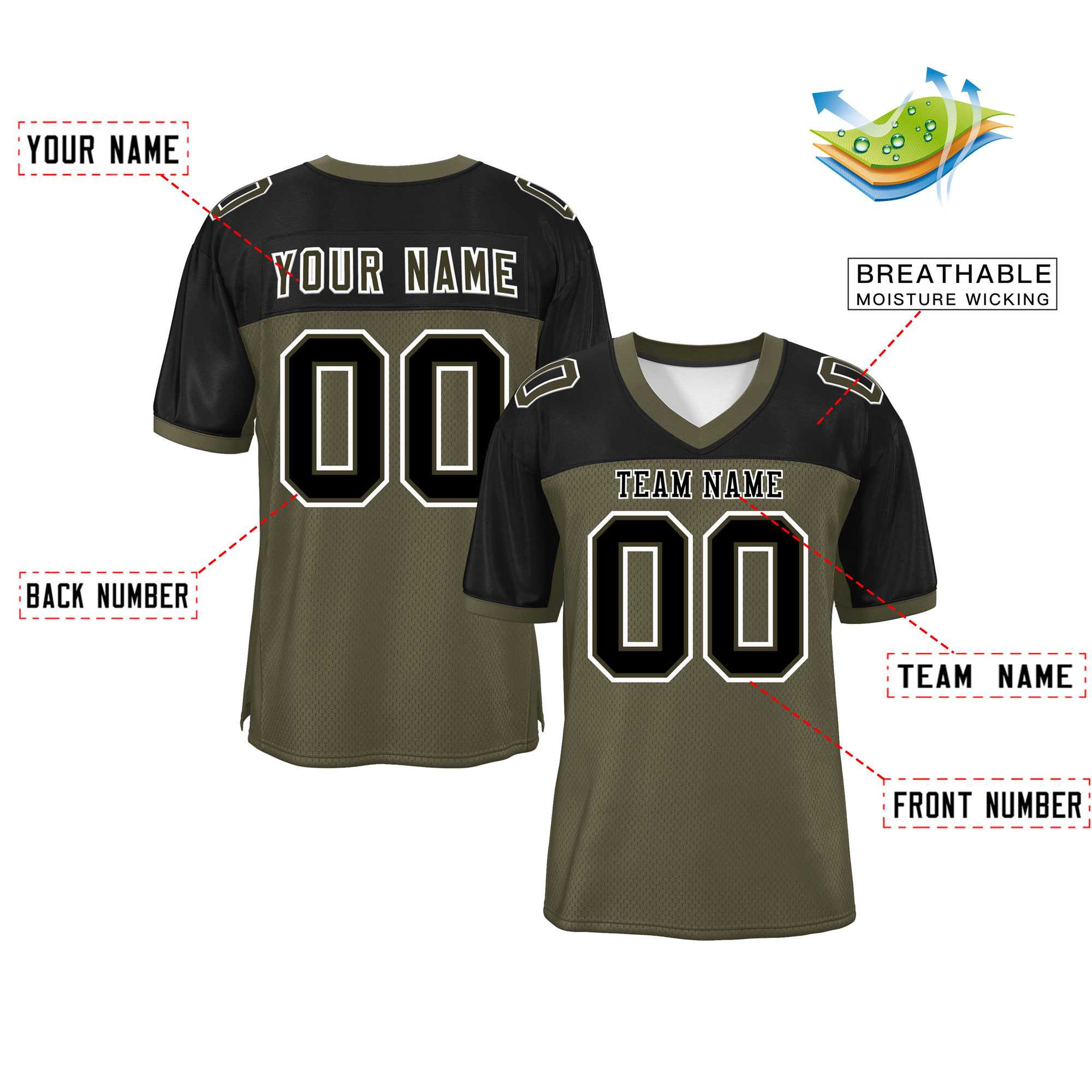 Custom Olive-Black Raglan Sleeves Fashion Authentic Football Jersey