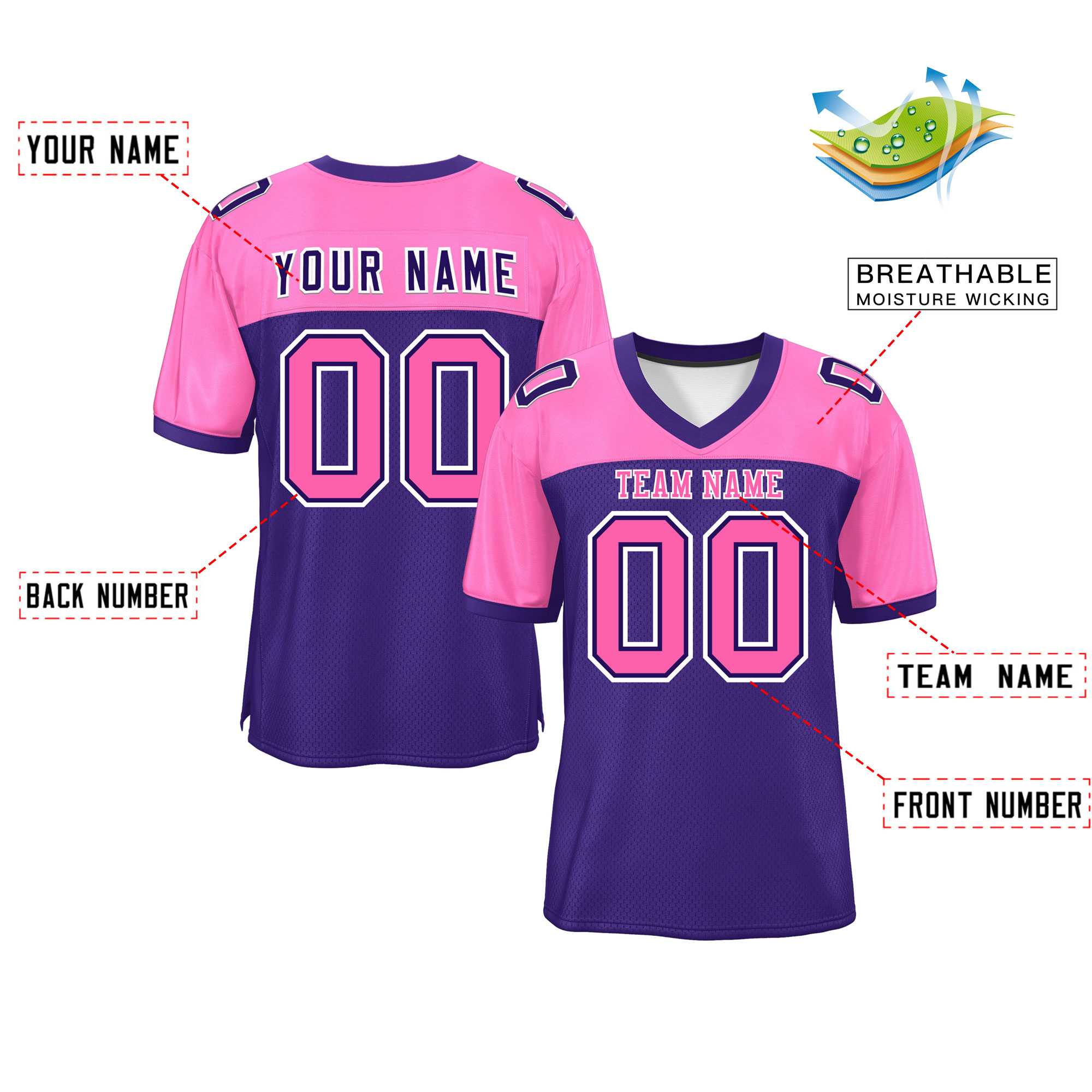 Custom Purple-Pink Raglan Sleeves Fashion Authentic Football Jersey