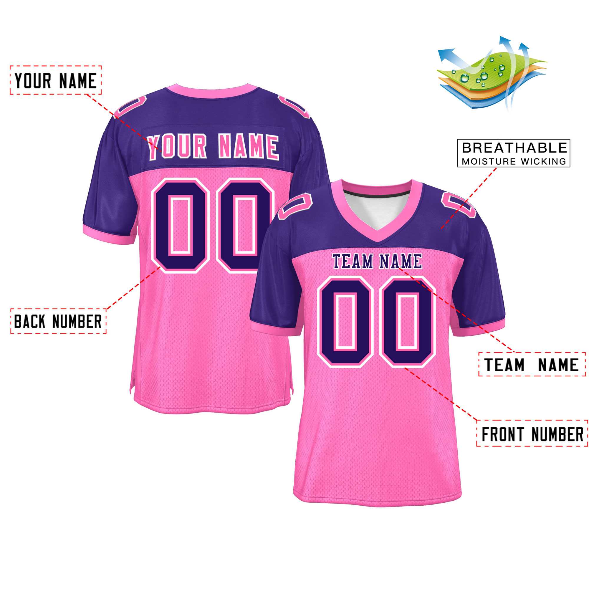 Custom Pink-Purple Raglan Sleeves Fashion Authentic Football Jersey