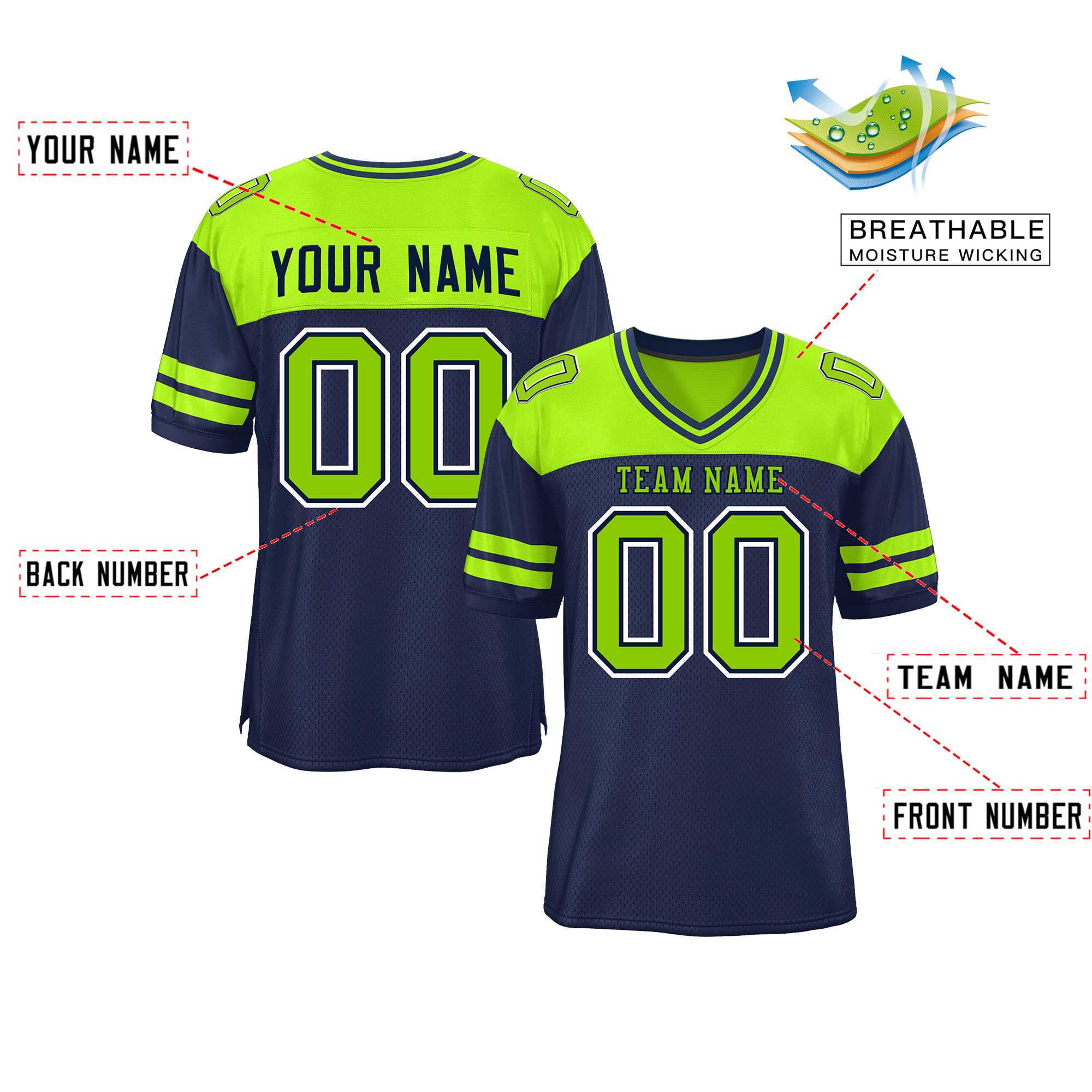 Custom Navy Neon Green Personalized Color Block Authentic Football Jersey