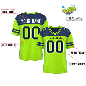 Custom Neon Green Navy Personalized Color Block Authentic Football Jersey