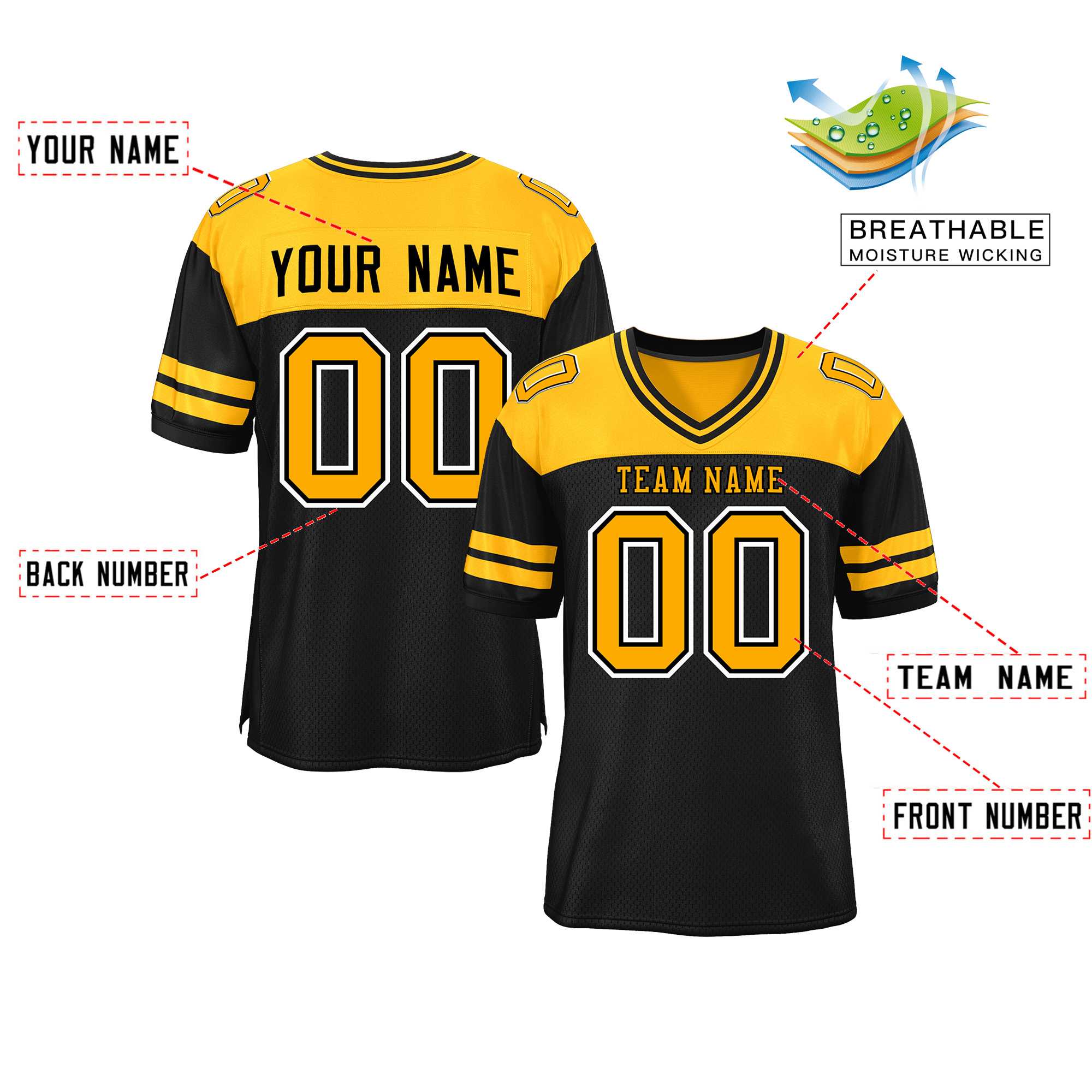 Custom Black Yellow Personalized Color Block Authentic Football Jersey