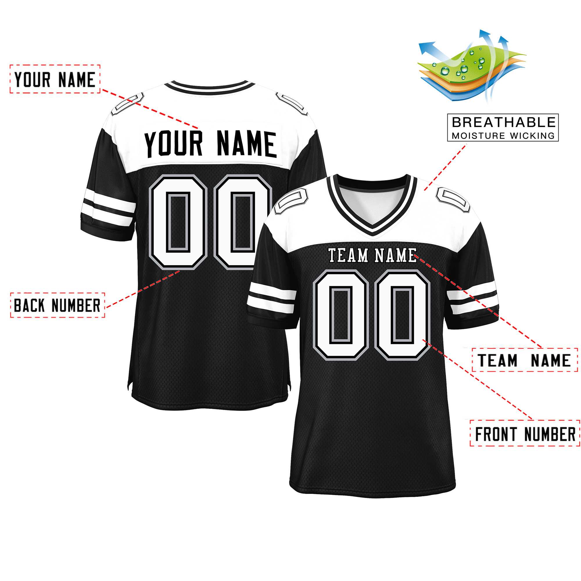 Custom Black White Personalized Color Block Authentic Football Jersey