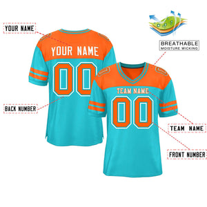 Custom Aqua Orange Personalized Color Block Authentic Football Jersey