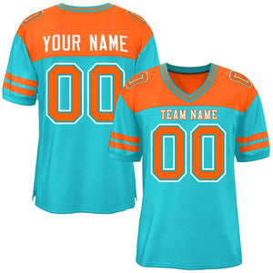 Custom Aqua Orange Personalized Color Block Authentic Football Jersey