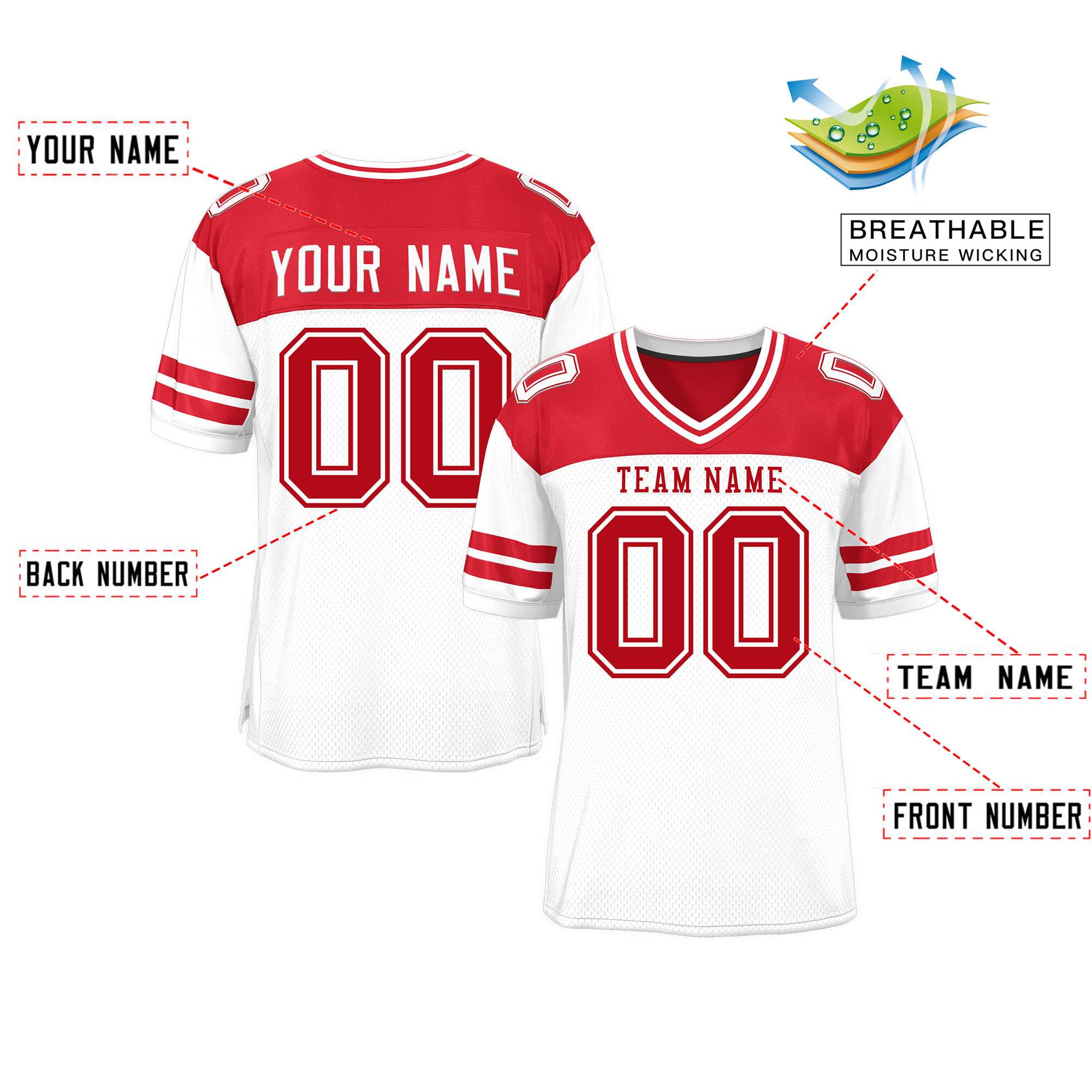 Custom White Red Personalized Color Block Authentic Football Jersey