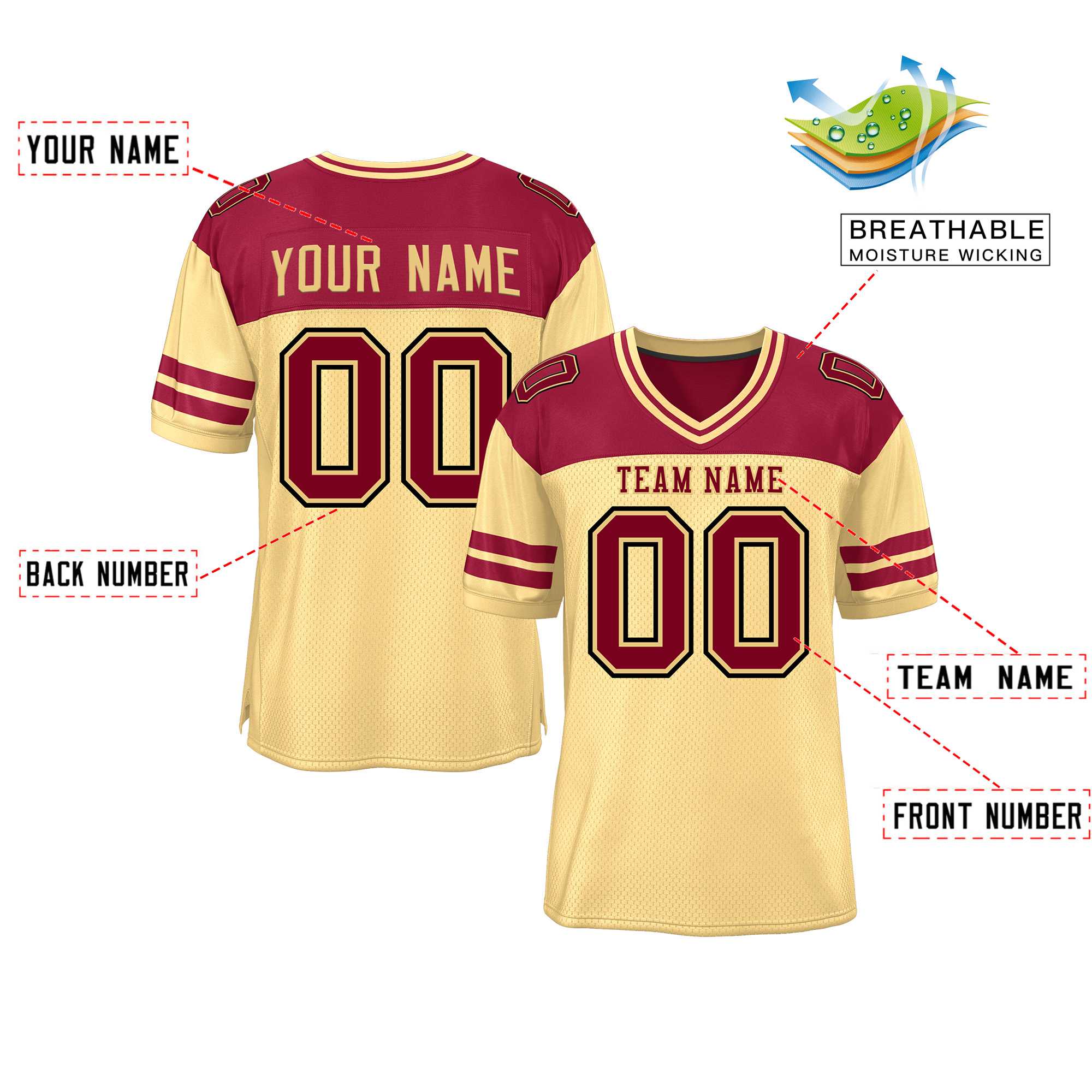 Custom Khaki Crimson Personalized Color Block Authentic Football Jersey