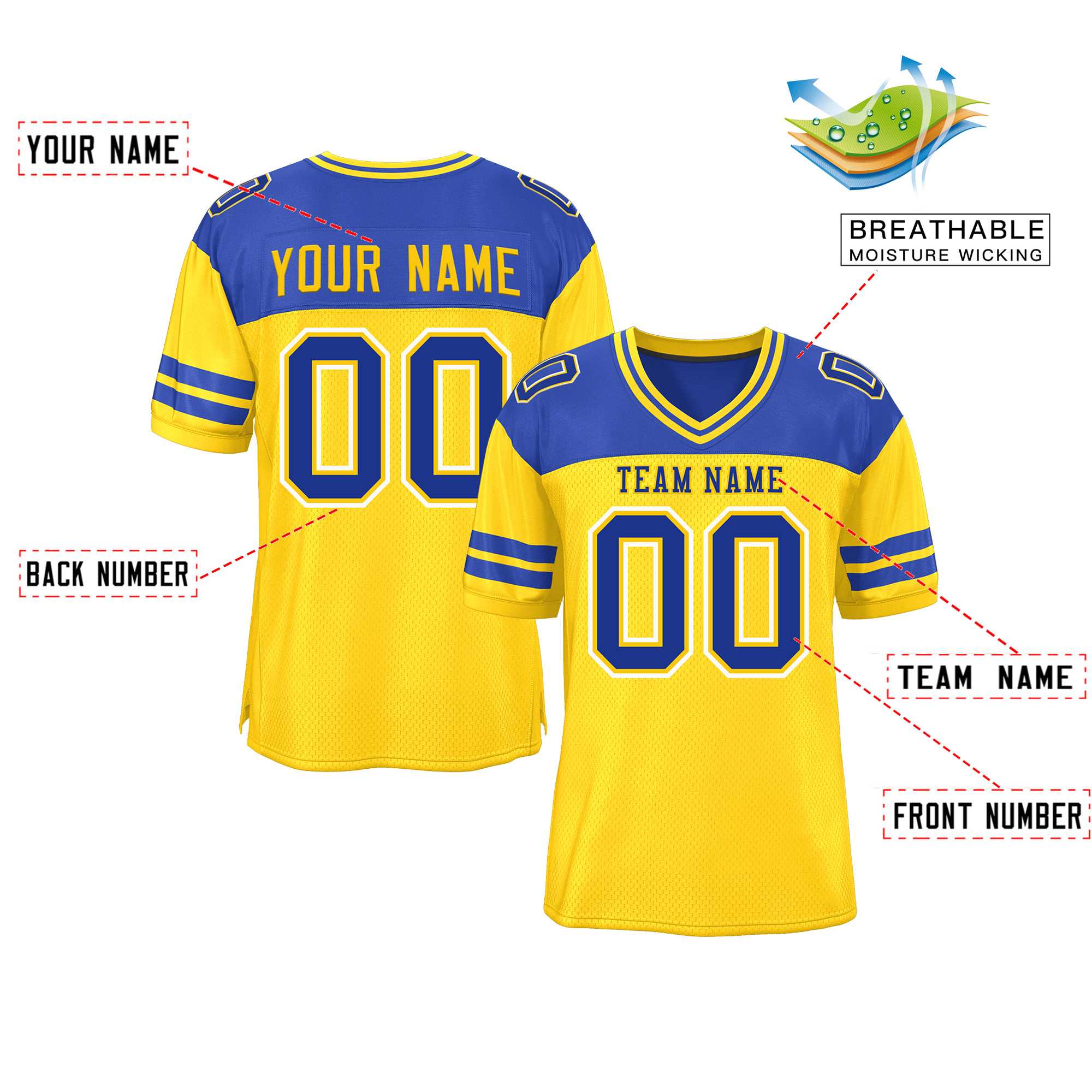 Custom Gold Royal Personalized Color Block Authentic Football Jersey