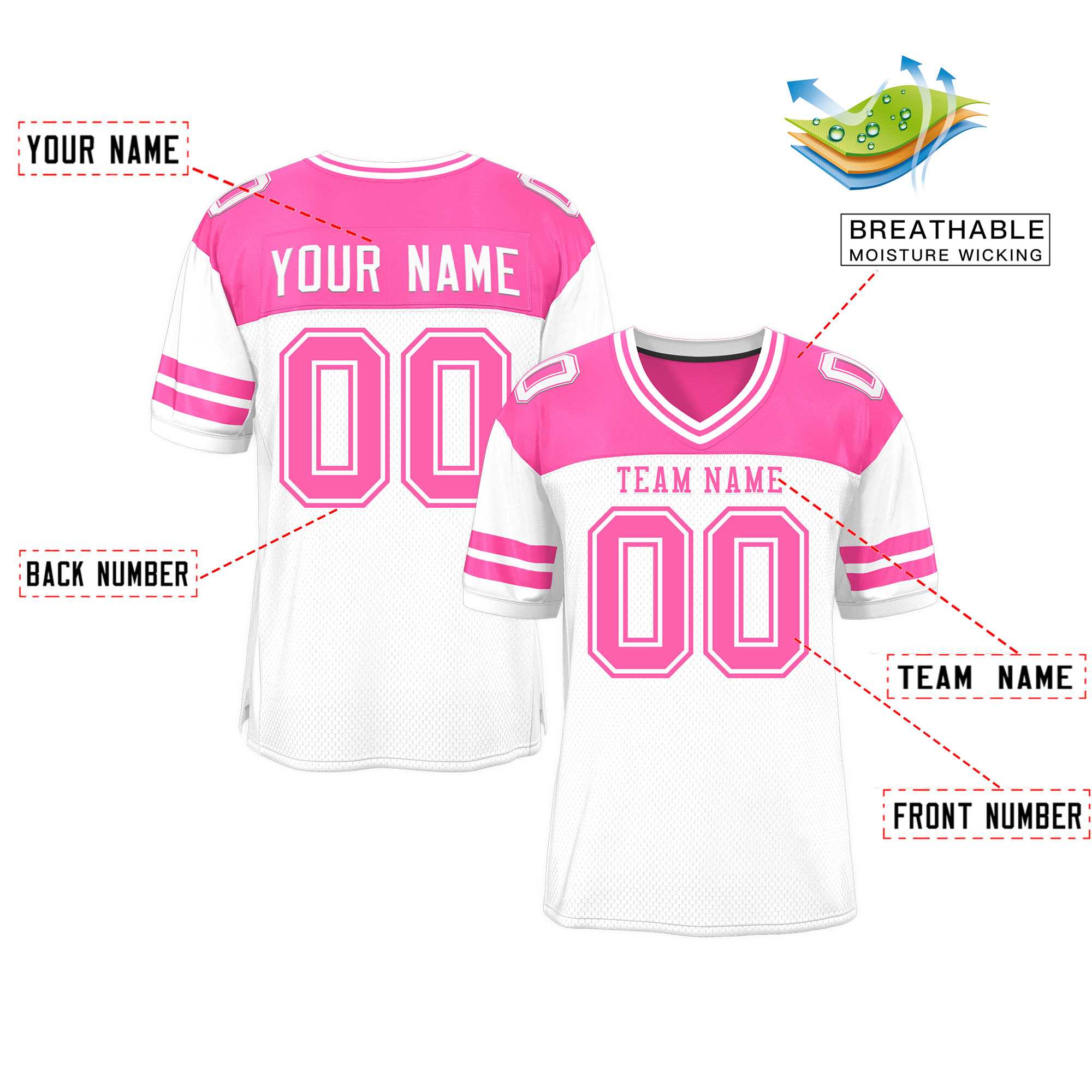 Custom White Pink Personalized Color Block Authentic Football Jersey