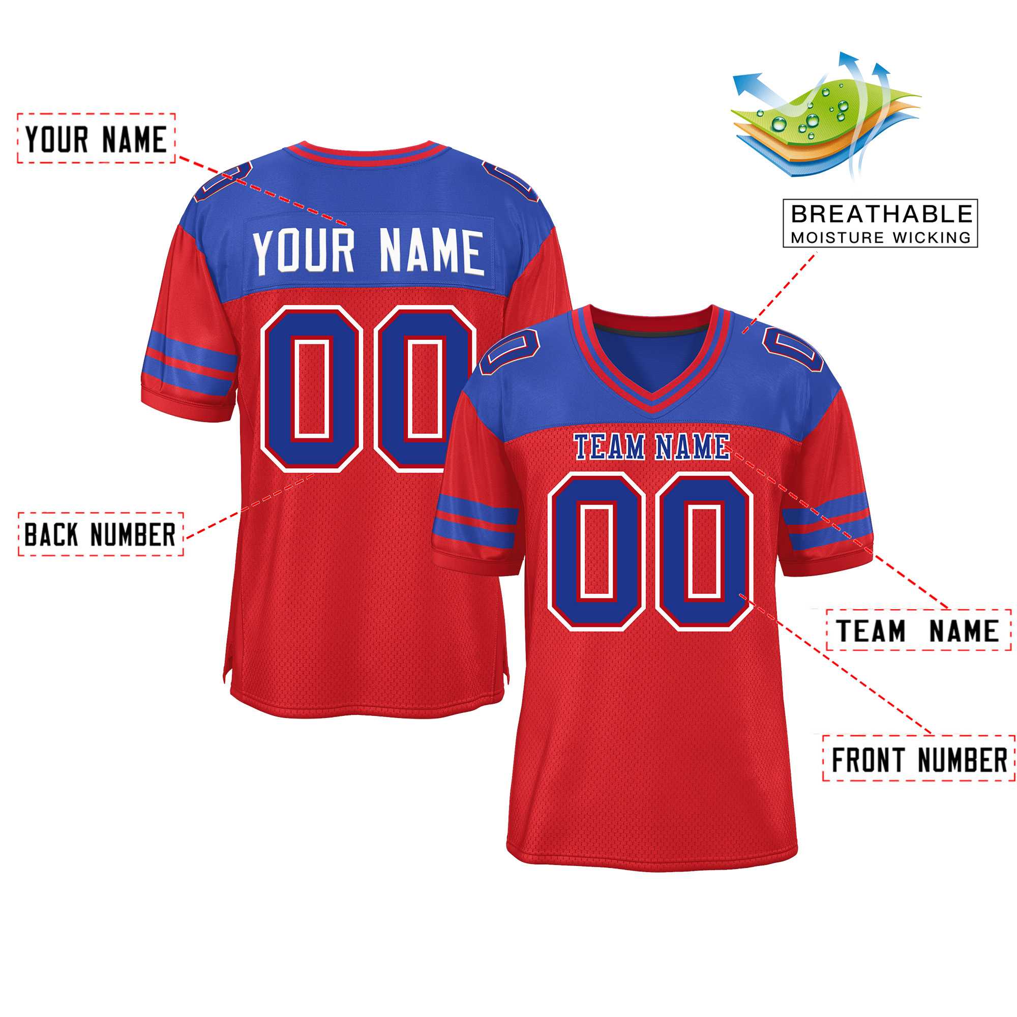 Custom Red Royal Personalized Color Block Authentic Football Jersey