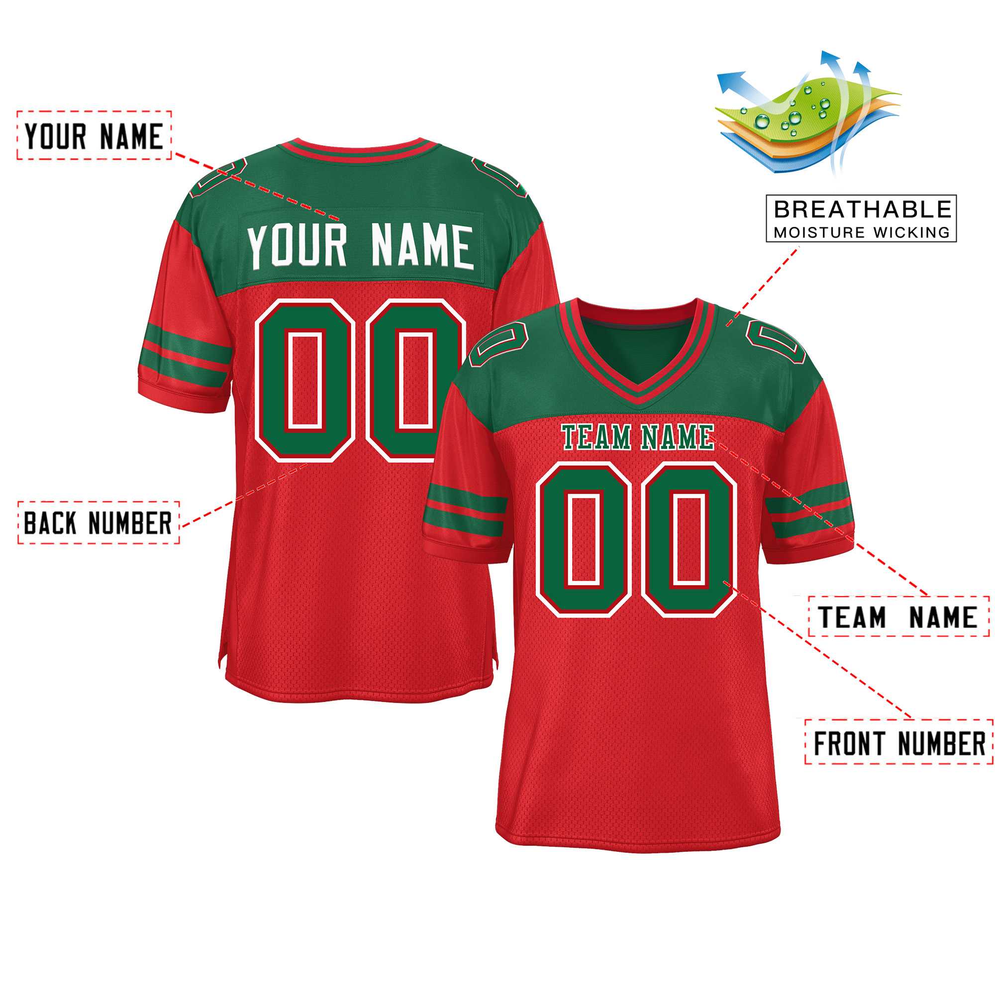 Custom Red Green Personalized Color Block Authentic Football Jersey