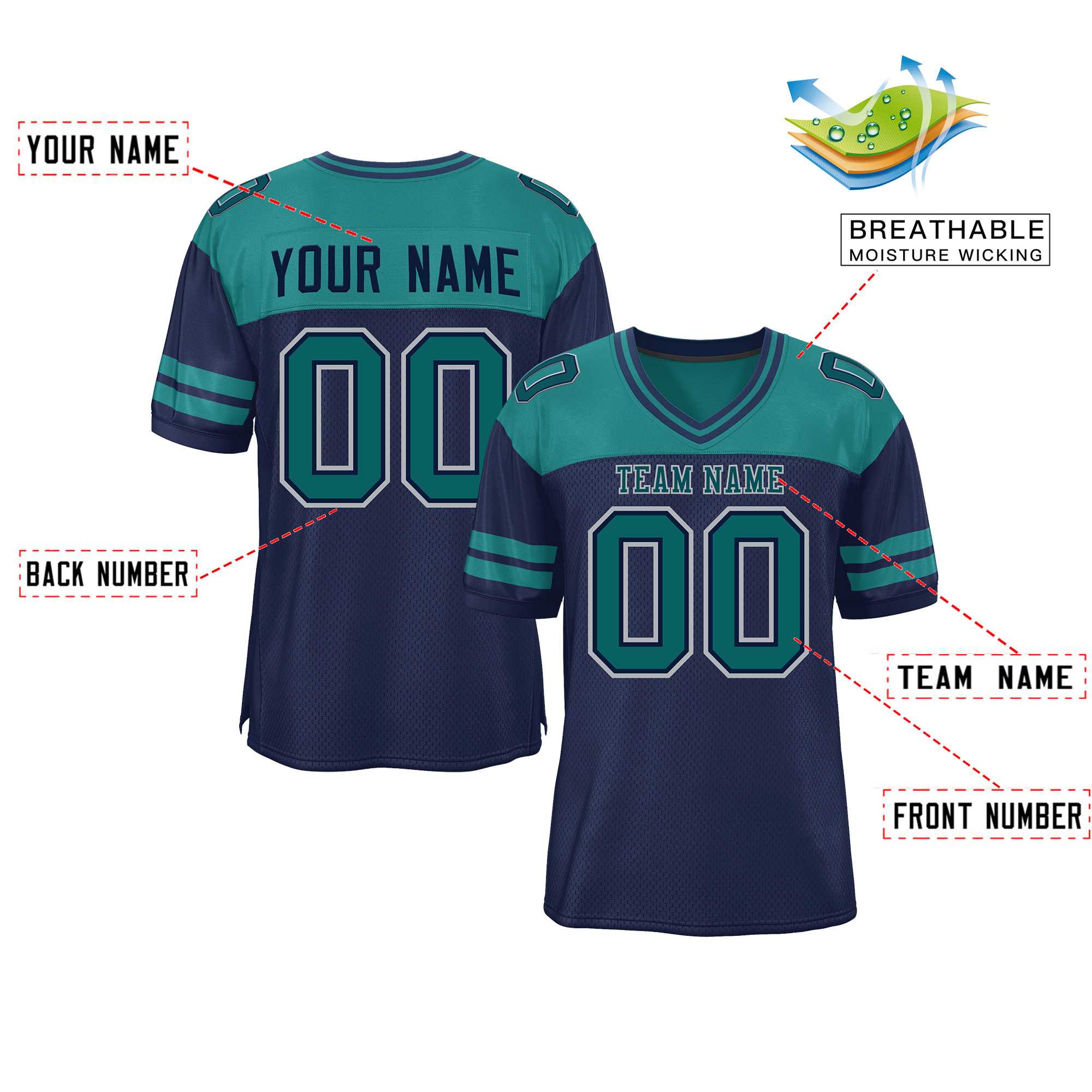 Custom Navy Aqua Personalized Color Block Authentic Football Jersey