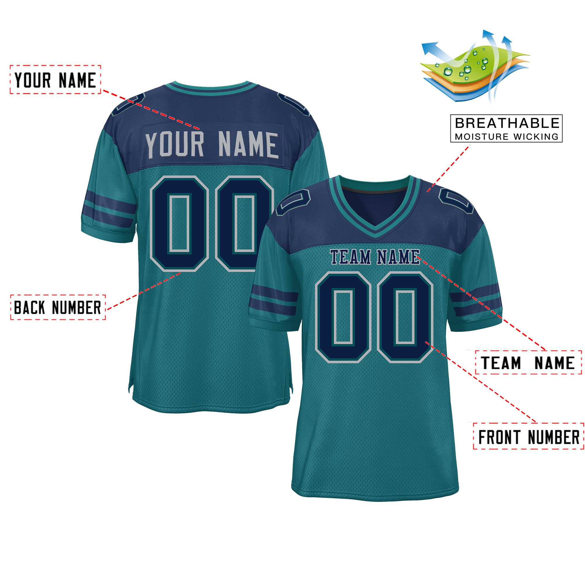 Custom Aqua Navy Personalized Color Block Authentic Football Jersey