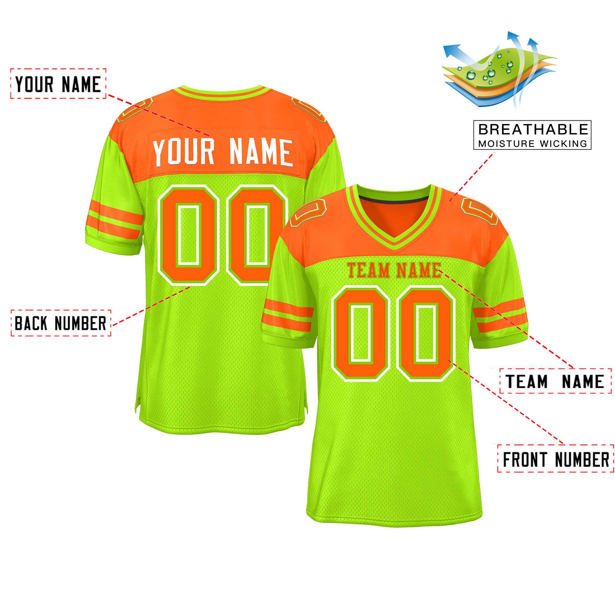 Custom Neon Green Orange Personalized Color Block Authentic Football Jersey