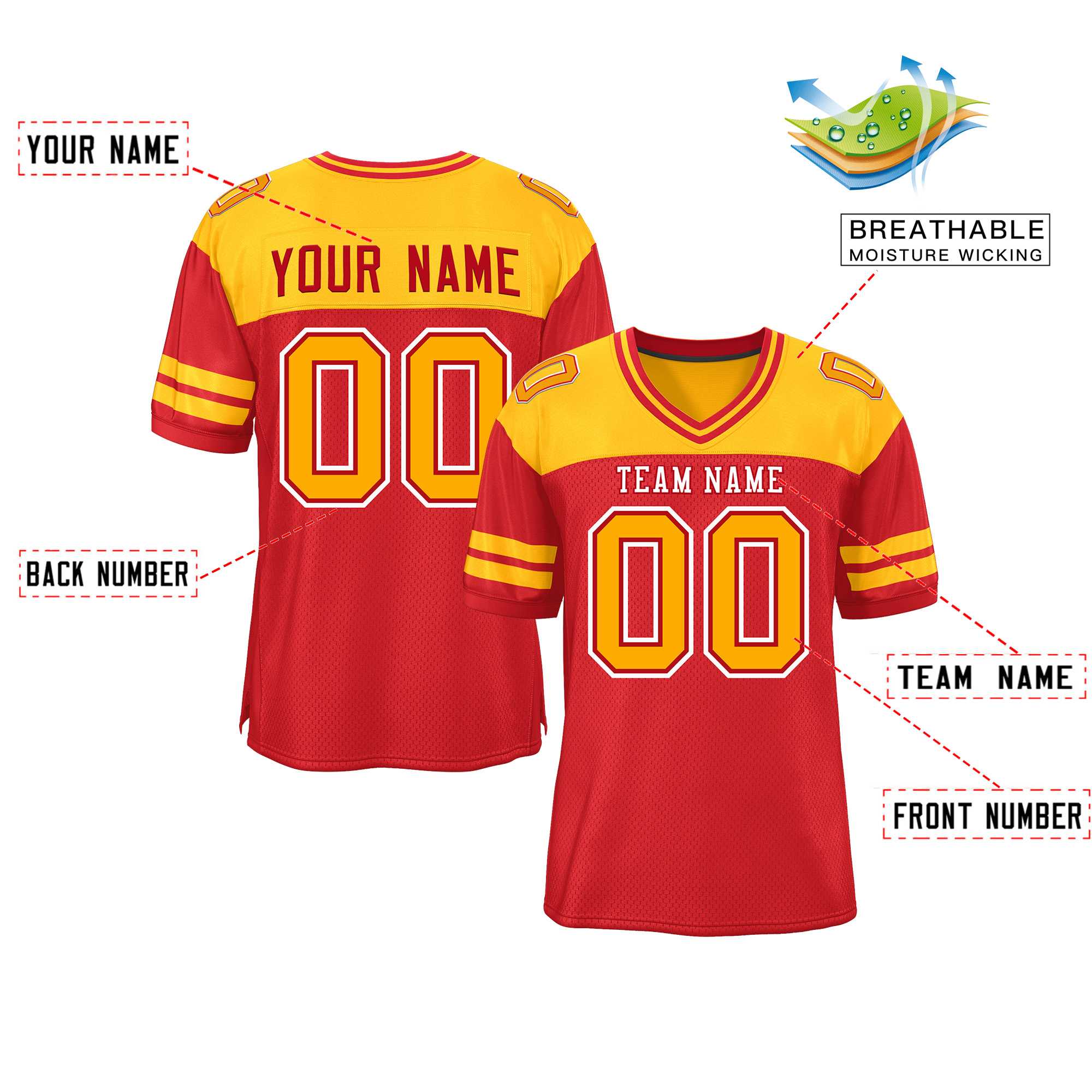 Custom Red Yellow Personalized Color Block Authentic Football Jersey