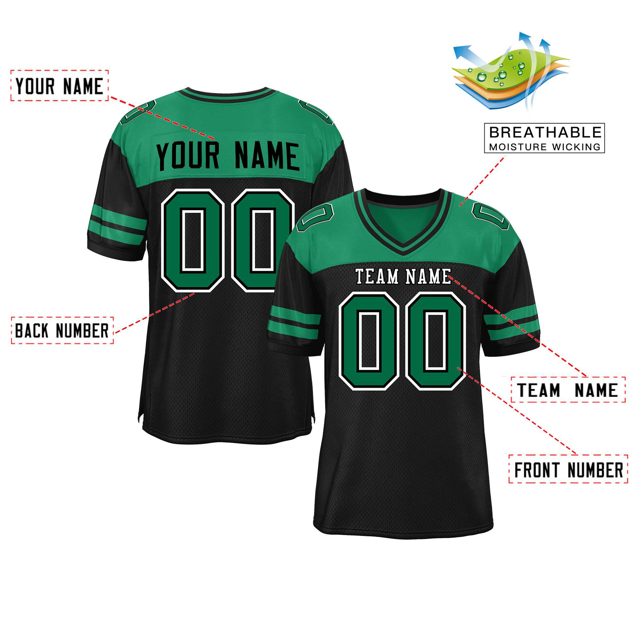 Custom Black Kelly Green Personalized Color Block Authentic Football Jersey