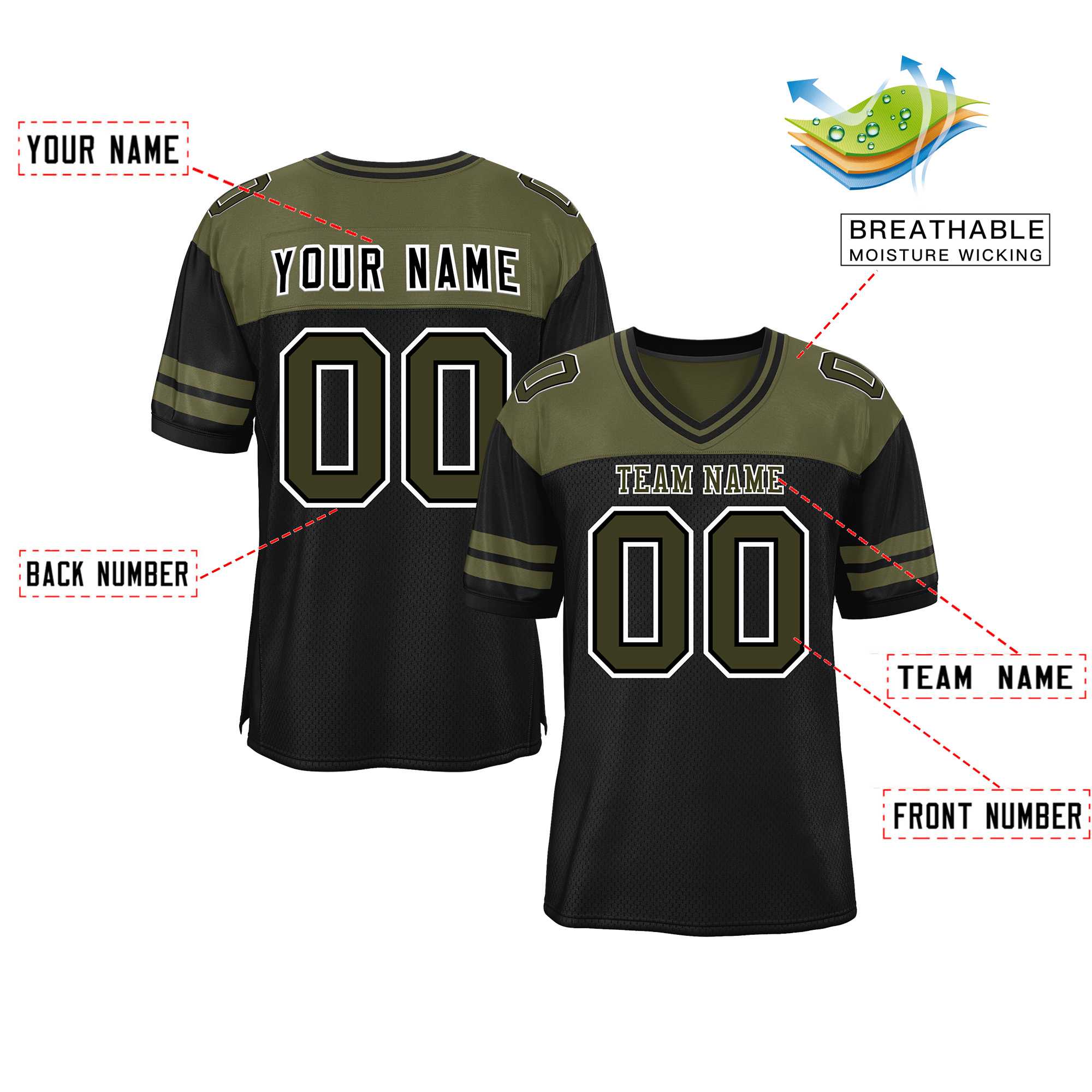 Custom Black Olive Personalized Color Block Authentic Football Jersey