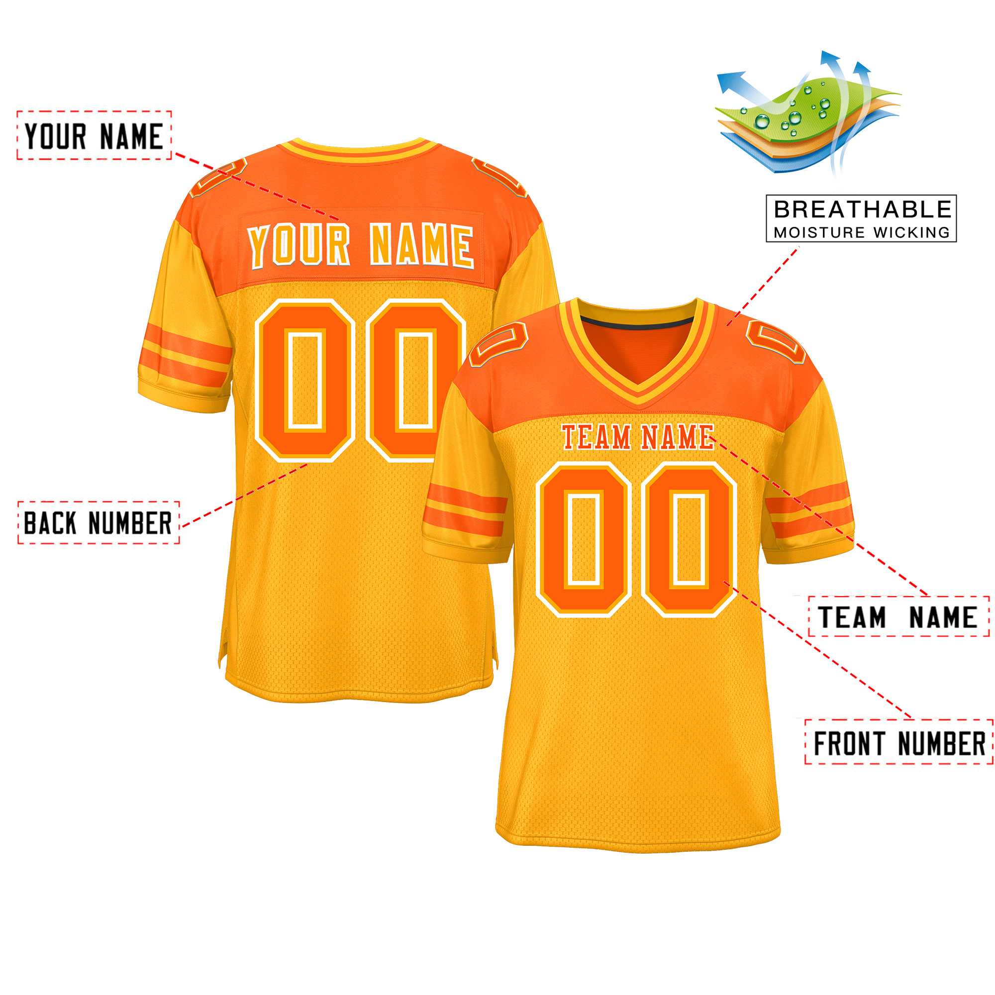 Custom Yellow Orange Personalized Color Block Authentic Football Jersey