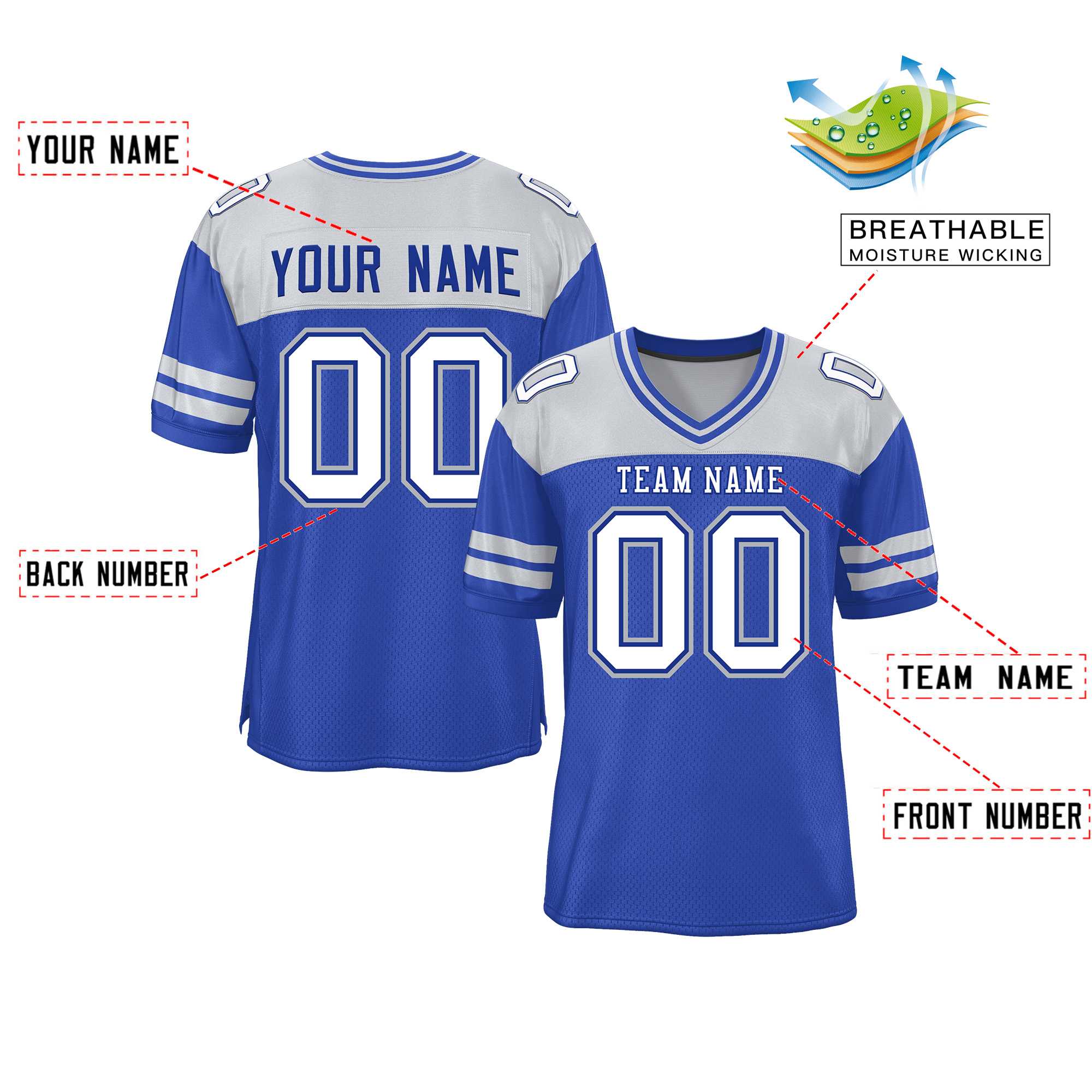 Custom Royal Gray Personalized Color Block Authentic Football Jersey