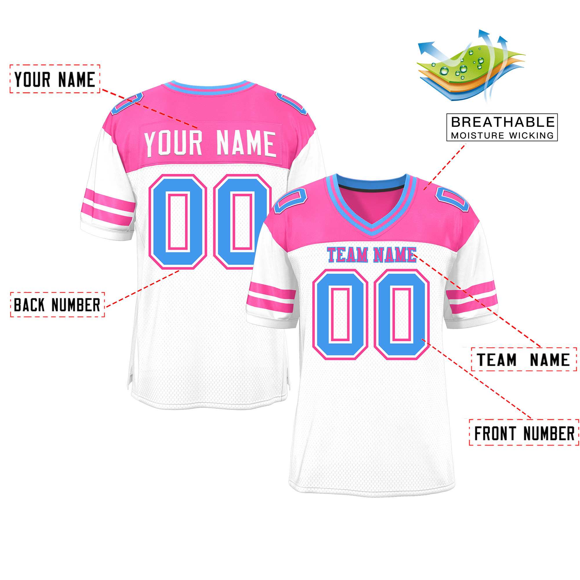 Custom White Pink Personalized Color Block Authentic Football Jersey