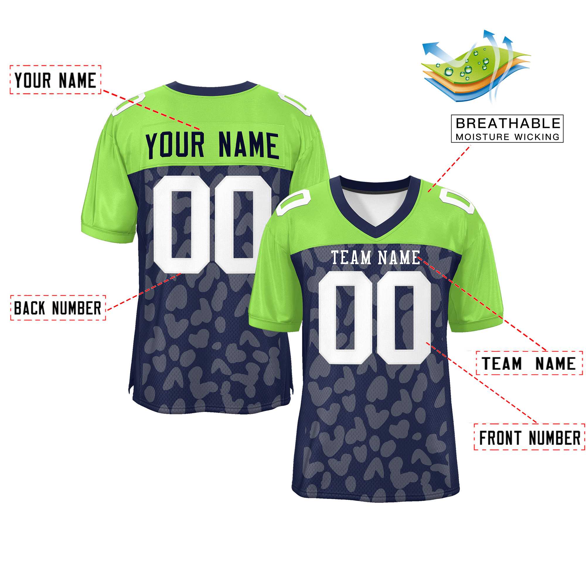 Custom Navy Neon Green Raglan Sleeves Personalized Camo Authentic Football Jersey