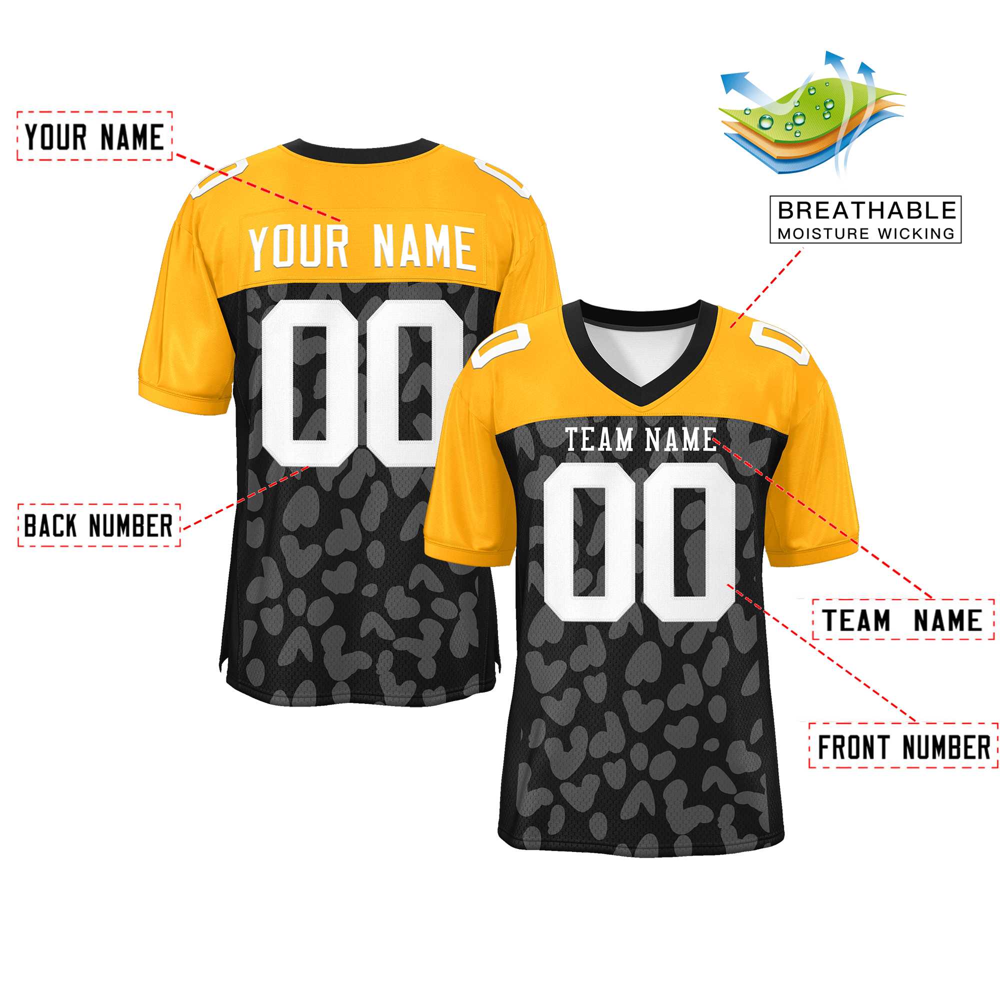 Custom Black Yellow Raglan Sleeves Personalized Camo Authentic Football Jersey