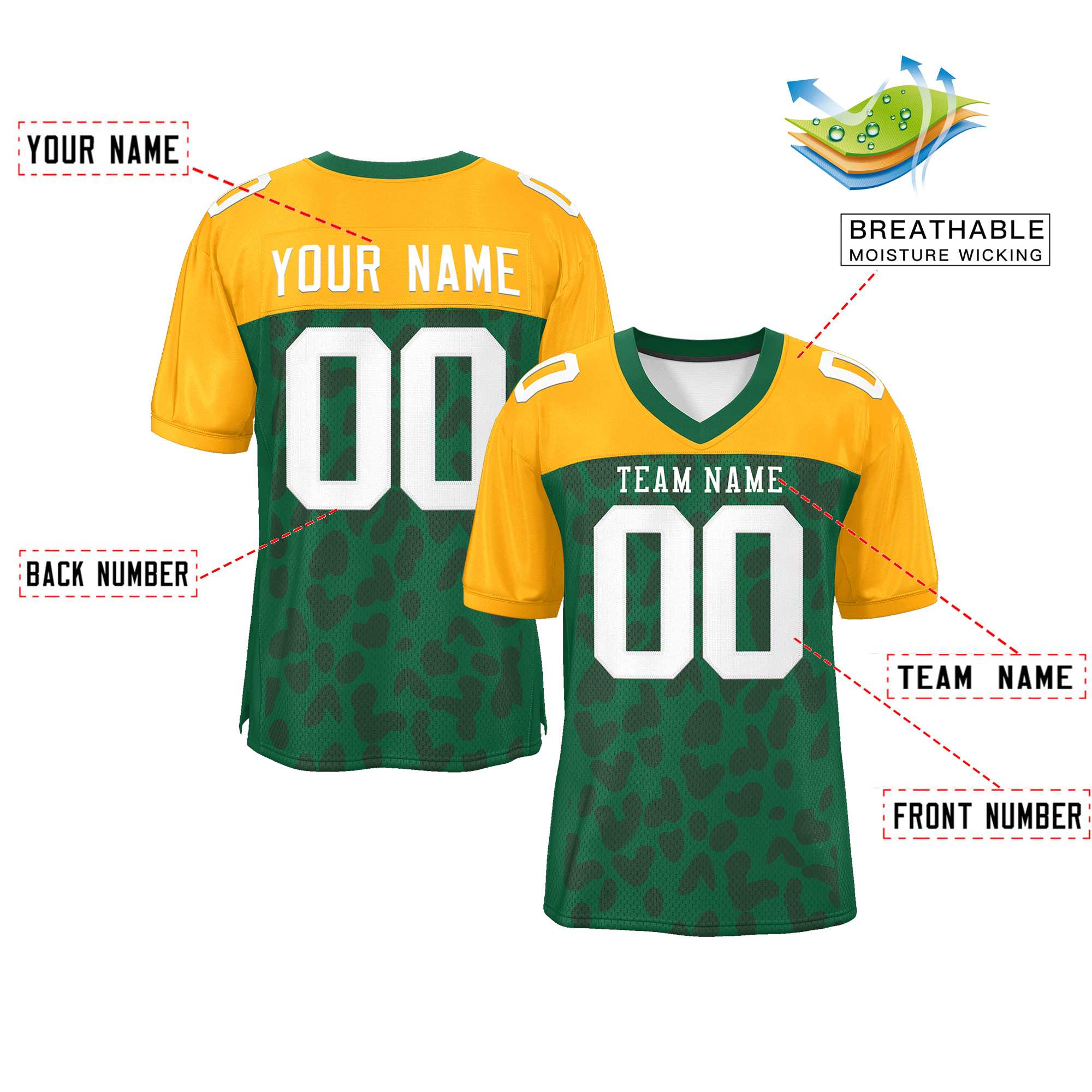 Custom Green Yellow Raglan Sleeves Personalized Camo Authentic Football Jersey