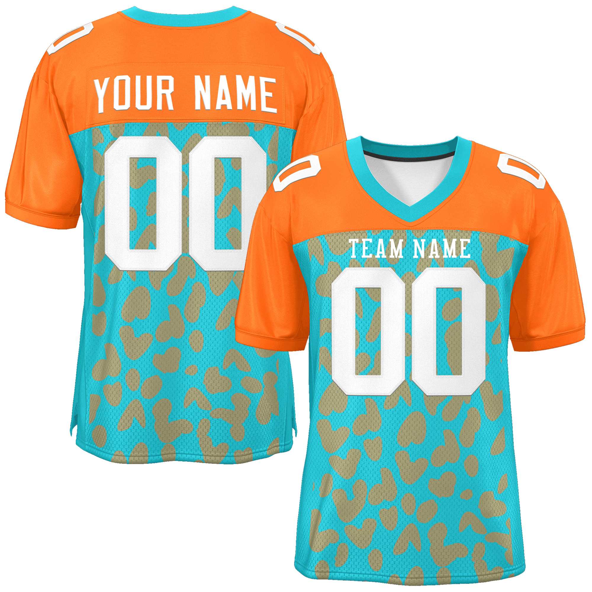 Custom Aqua Orange Raglan Sleeves Personalized Camo Authentic Football Jersey