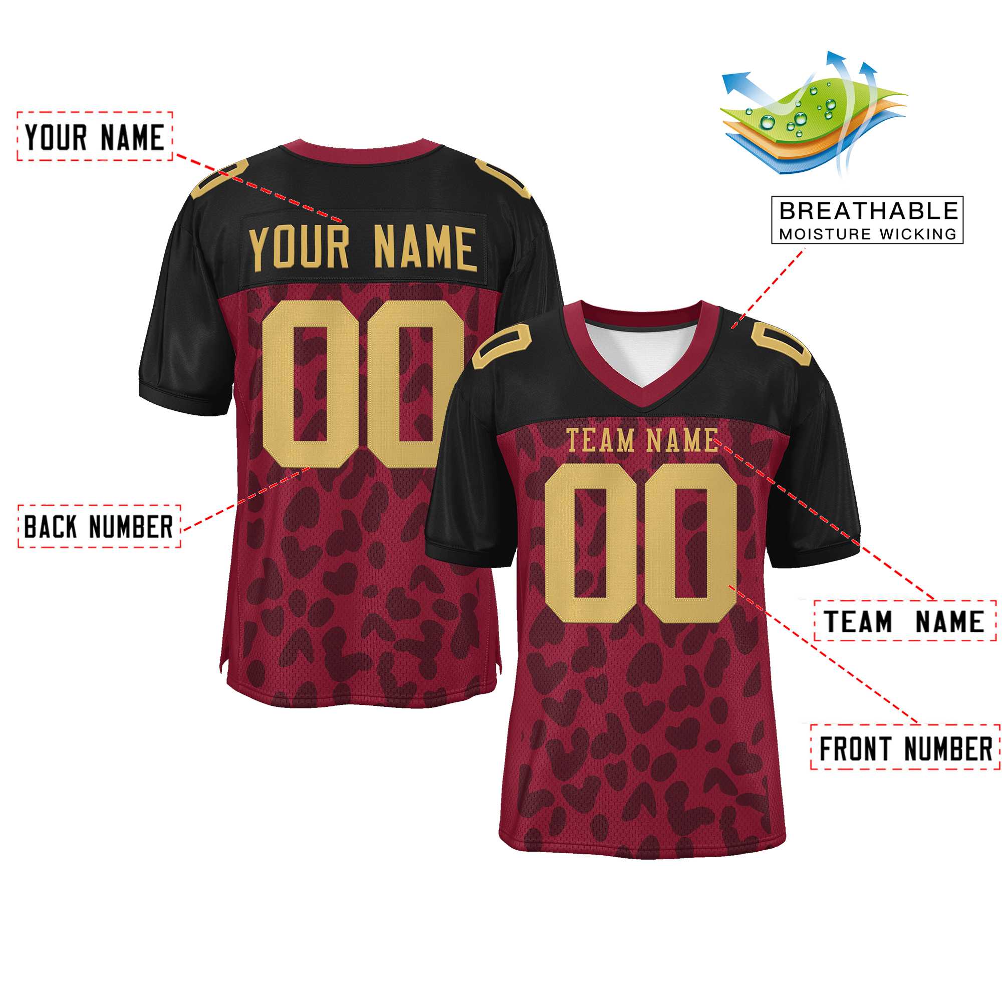 Custom Crimson Black Raglan Sleeves Personalized Camo Authentic Football Jersey