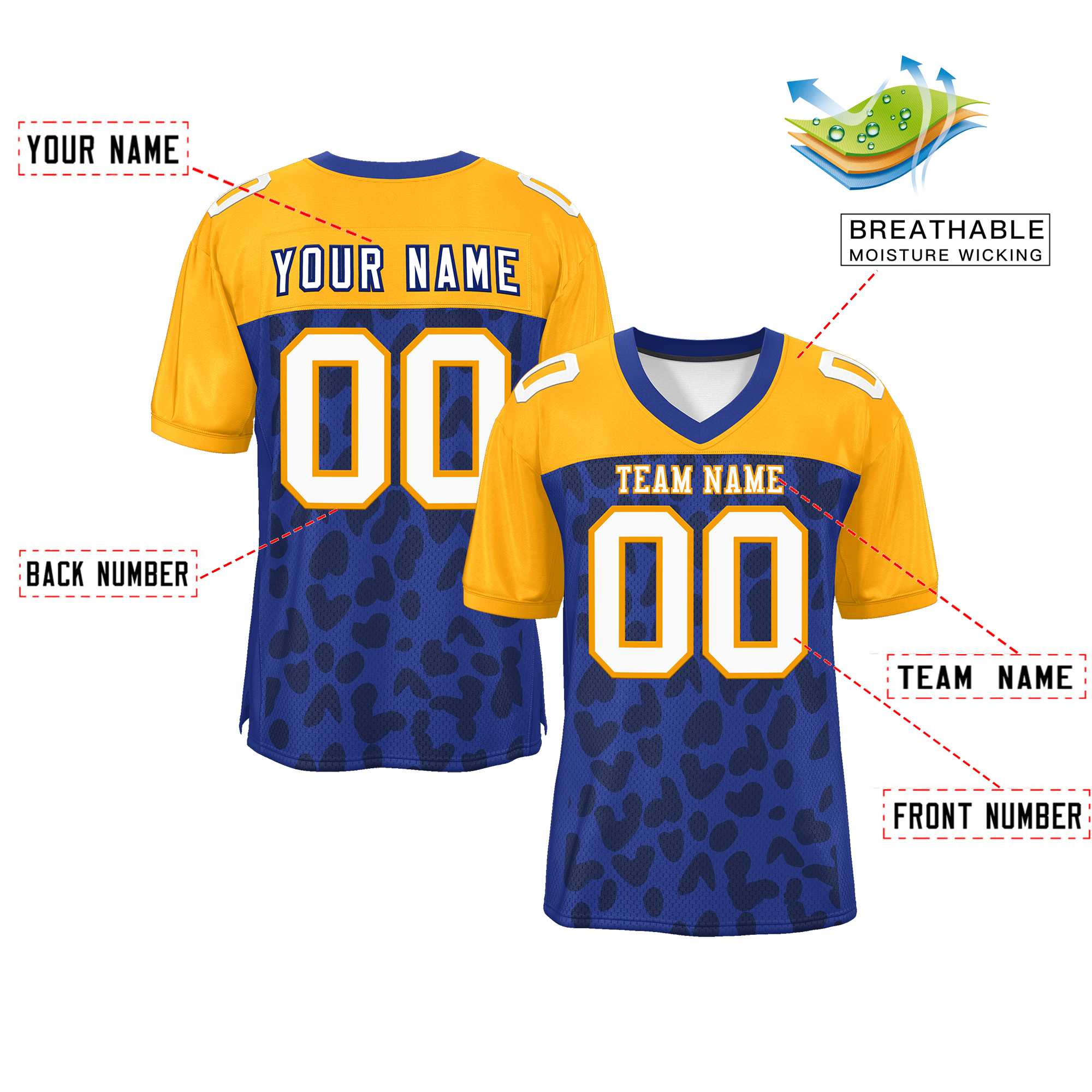 Custom Royal Yellow Raglan Sleeves Personalized Camo Authentic Football Jersey