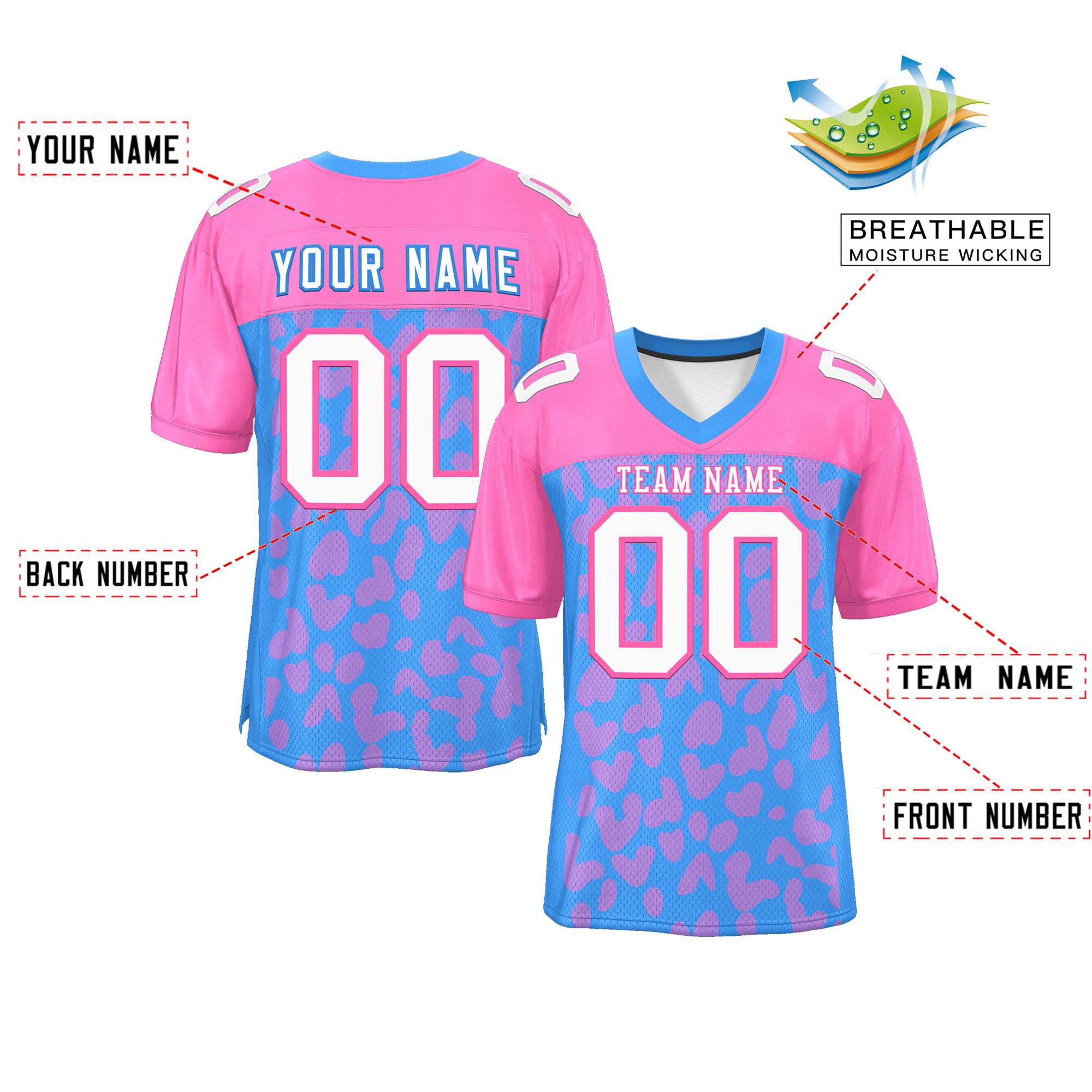 Custom Powder Blue Pink Raglan Sleeves Personalized Camo Authentic Football Jersey