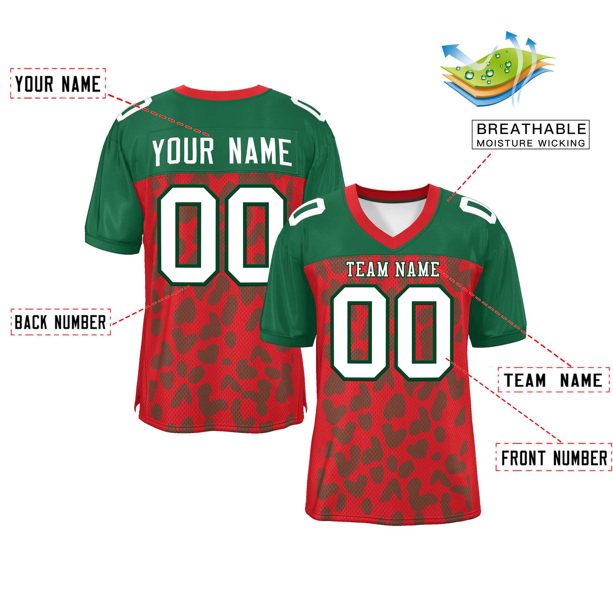 Custom Red Green Raglan Sleeves Personalized Camo Authentic Football Jersey