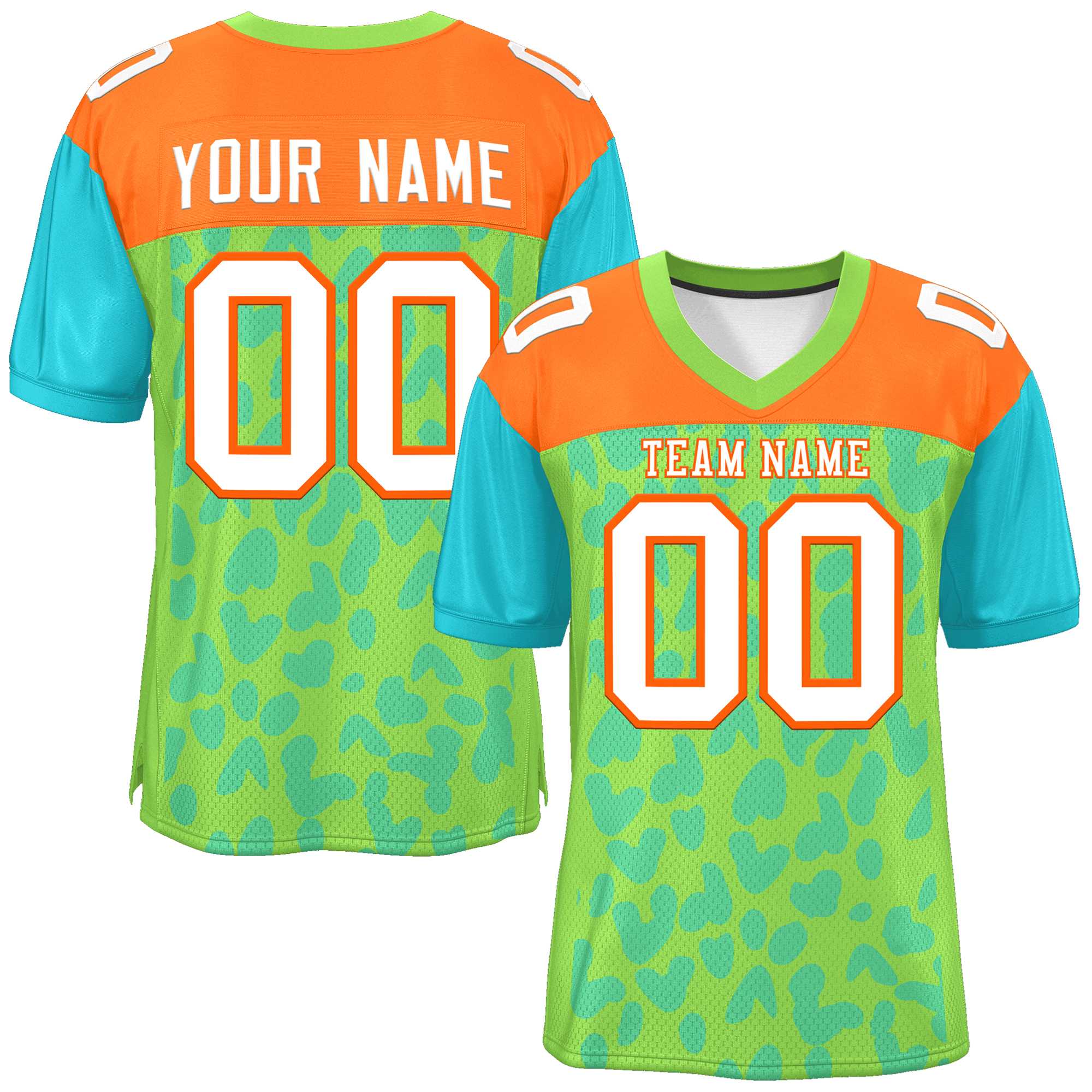 Custom Neon Green Orange-Aqua Raglan Sleeves Personalized Camo Authentic Football Jersey