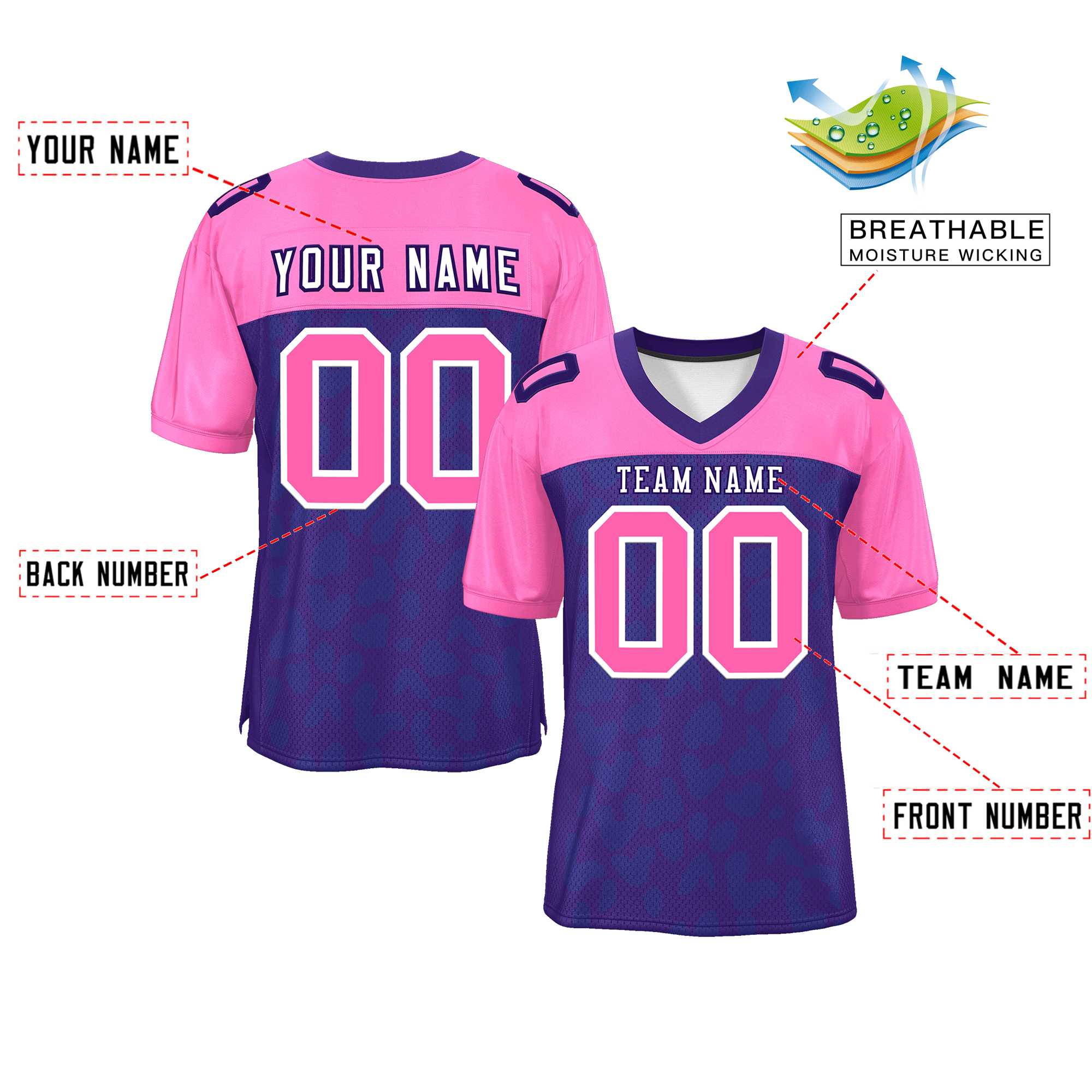 Custom Purple Rose Red Raglan Sleeves Personalized Camo Authentic Football Jersey