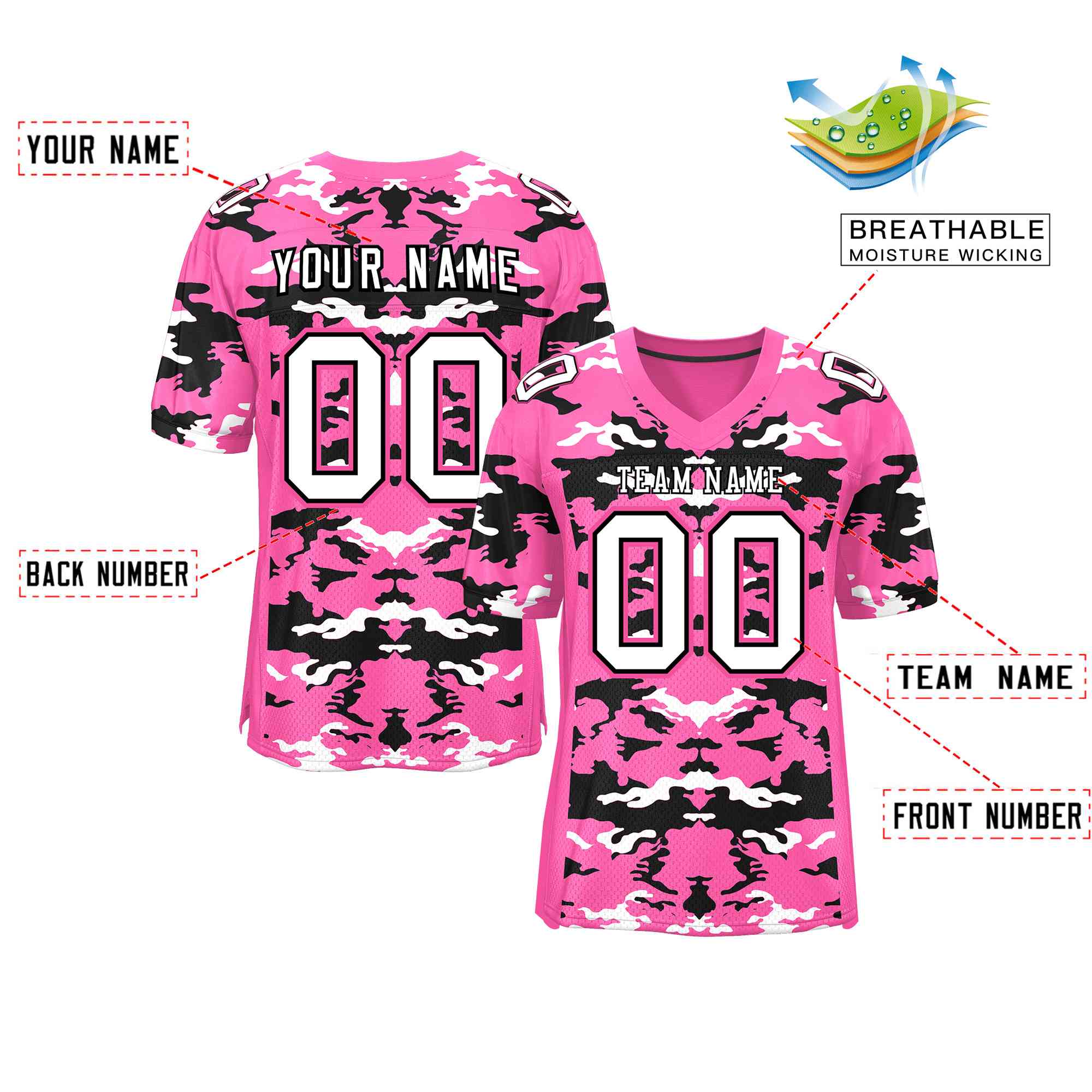 Custom Pink Black-White Personalized Camo Authentic Football Jersey