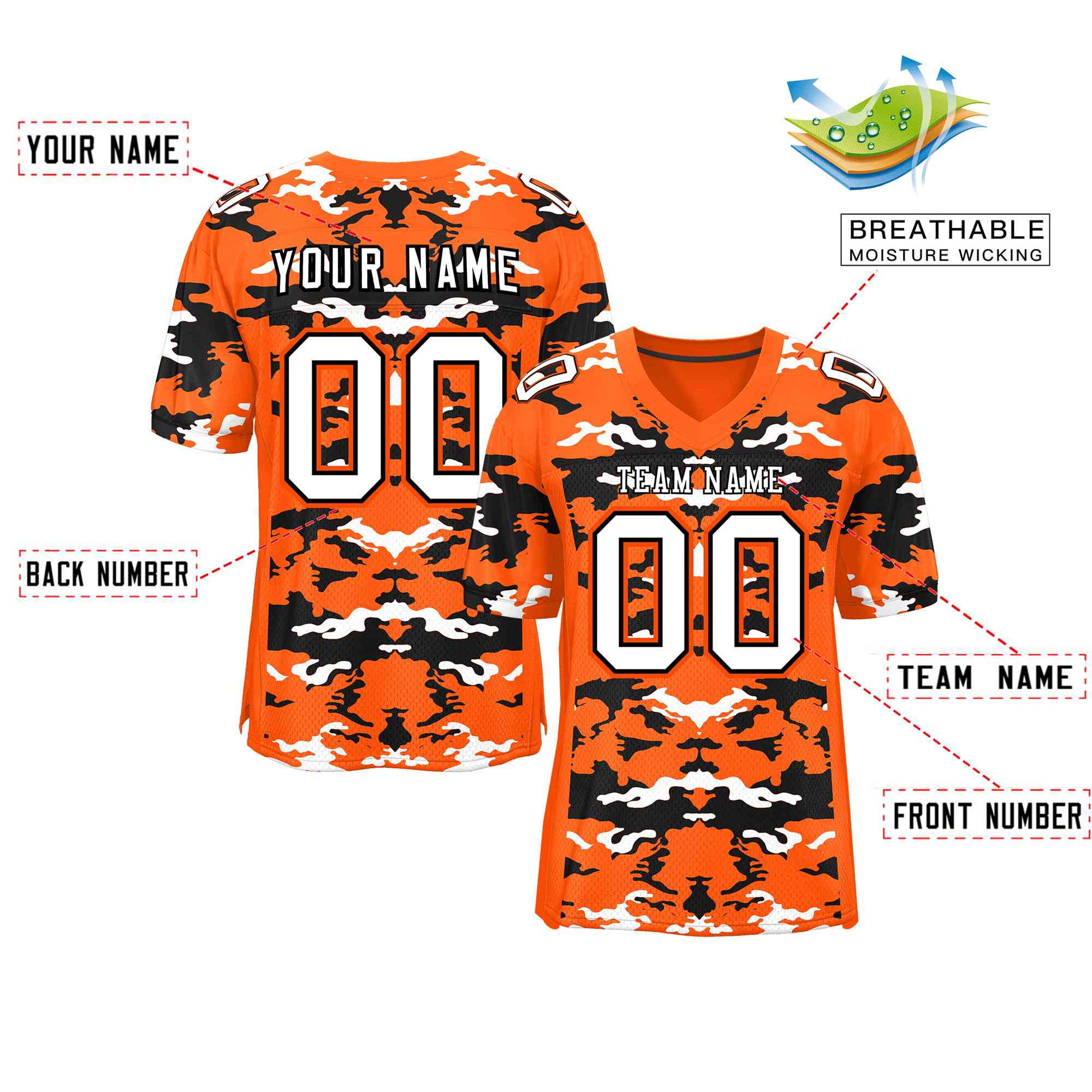 Custom Orange Black-White Personalized Camo Authentic Football Jersey