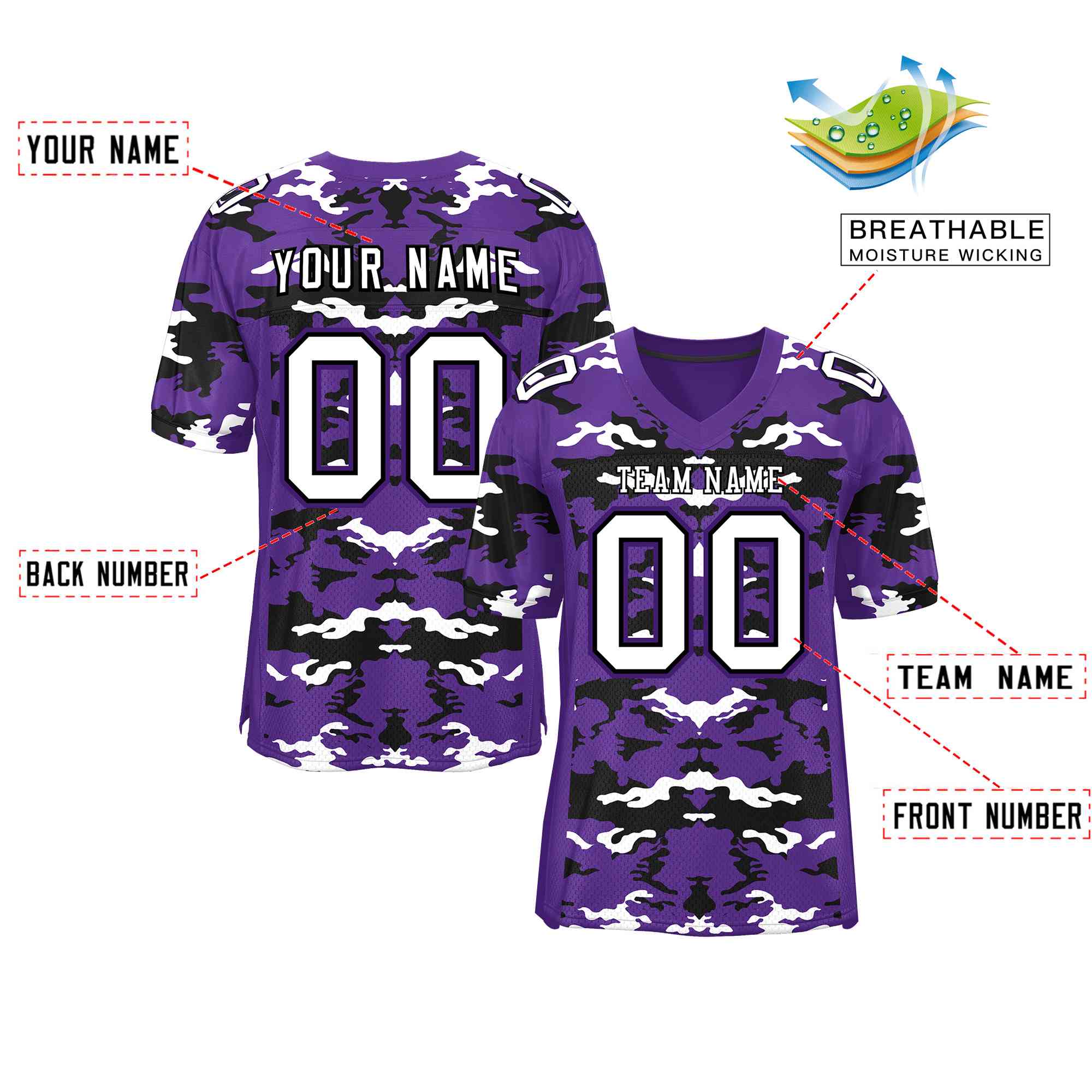 Custom Purple Black-White Personalized Camo Authentic Football Jersey