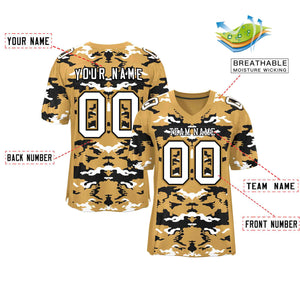 Custom Old Gold Black-White Personalized Camo Authentic Football Jersey