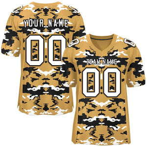 Custom Old Gold Black-White Personalized Camo Authentic Football Jersey