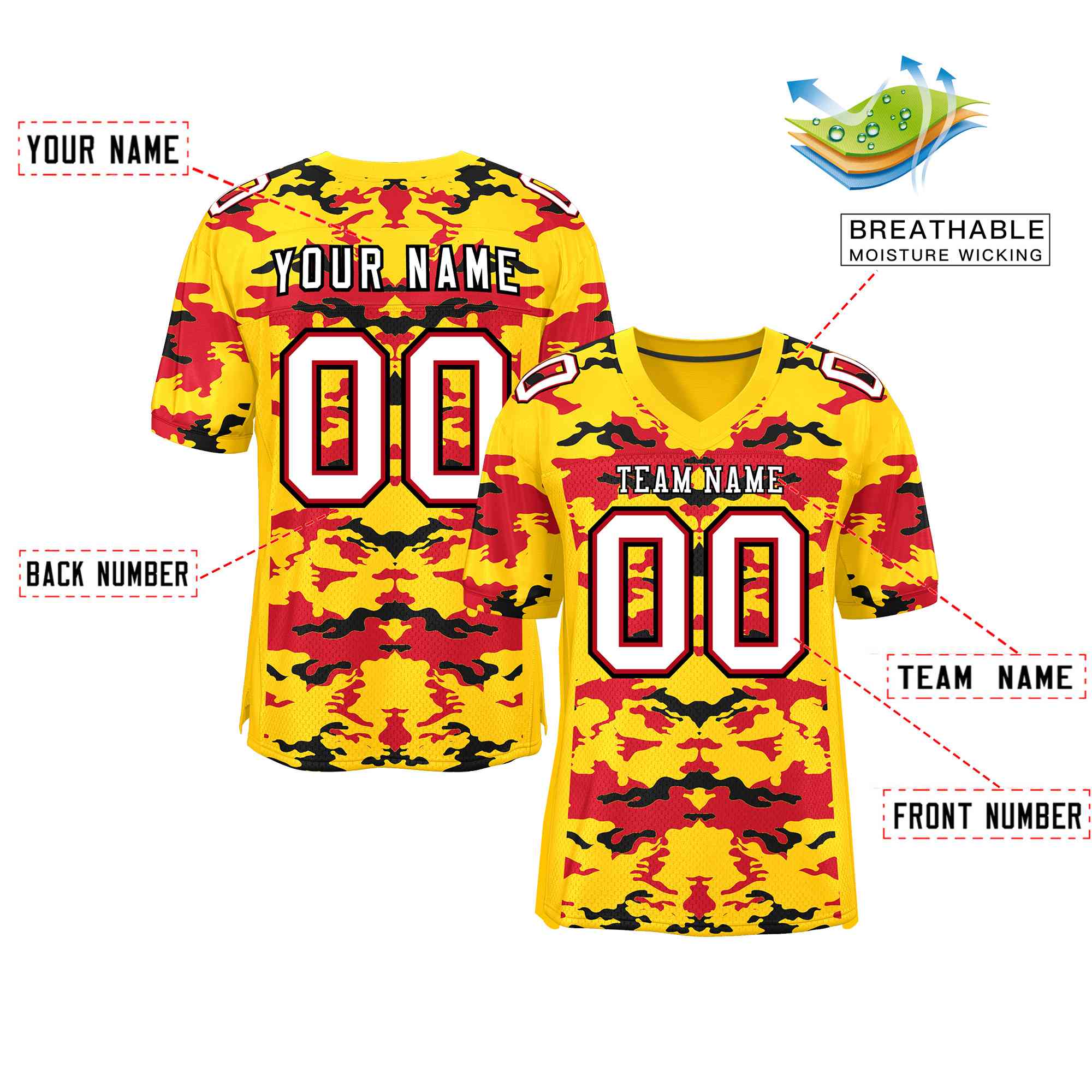 Custom Gold Red-Black Personalized Camo Authentic Football Jersey