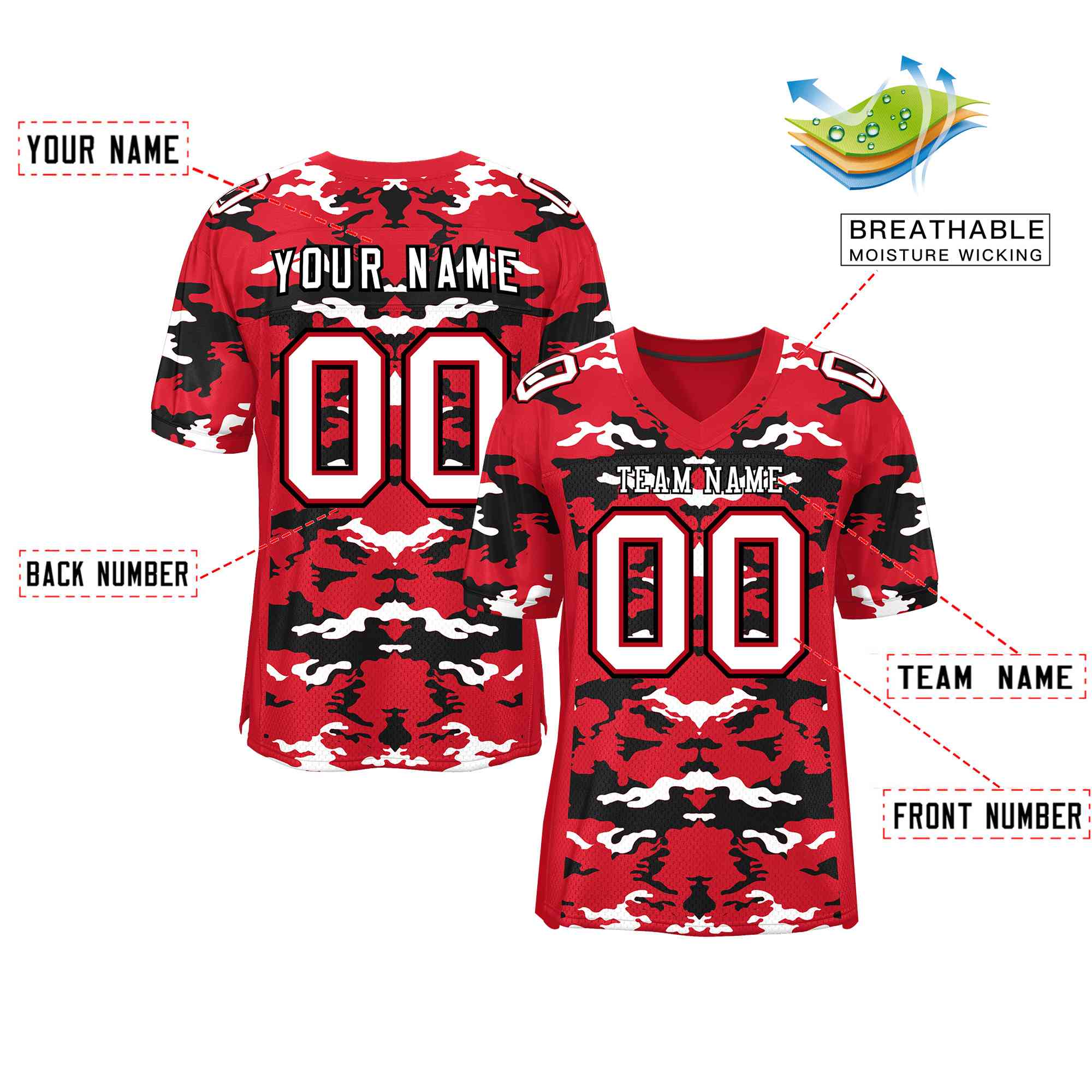 Custom Red Black-White Personalized Camo Authentic Football Jersey