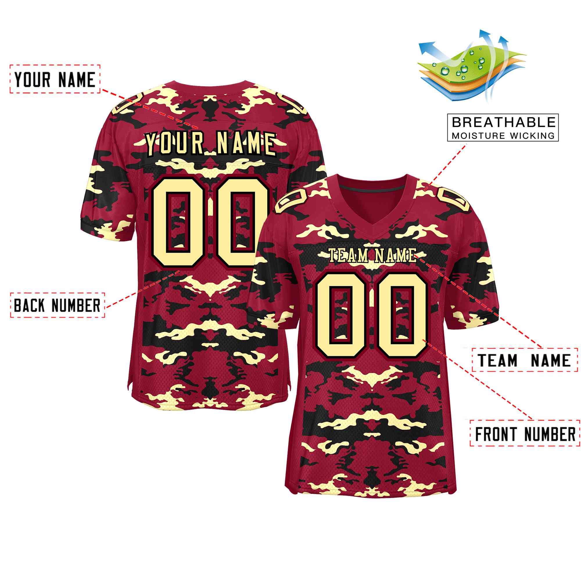 Custom Crimson Black-Cream Personalized Camo Authentic Football Jersey