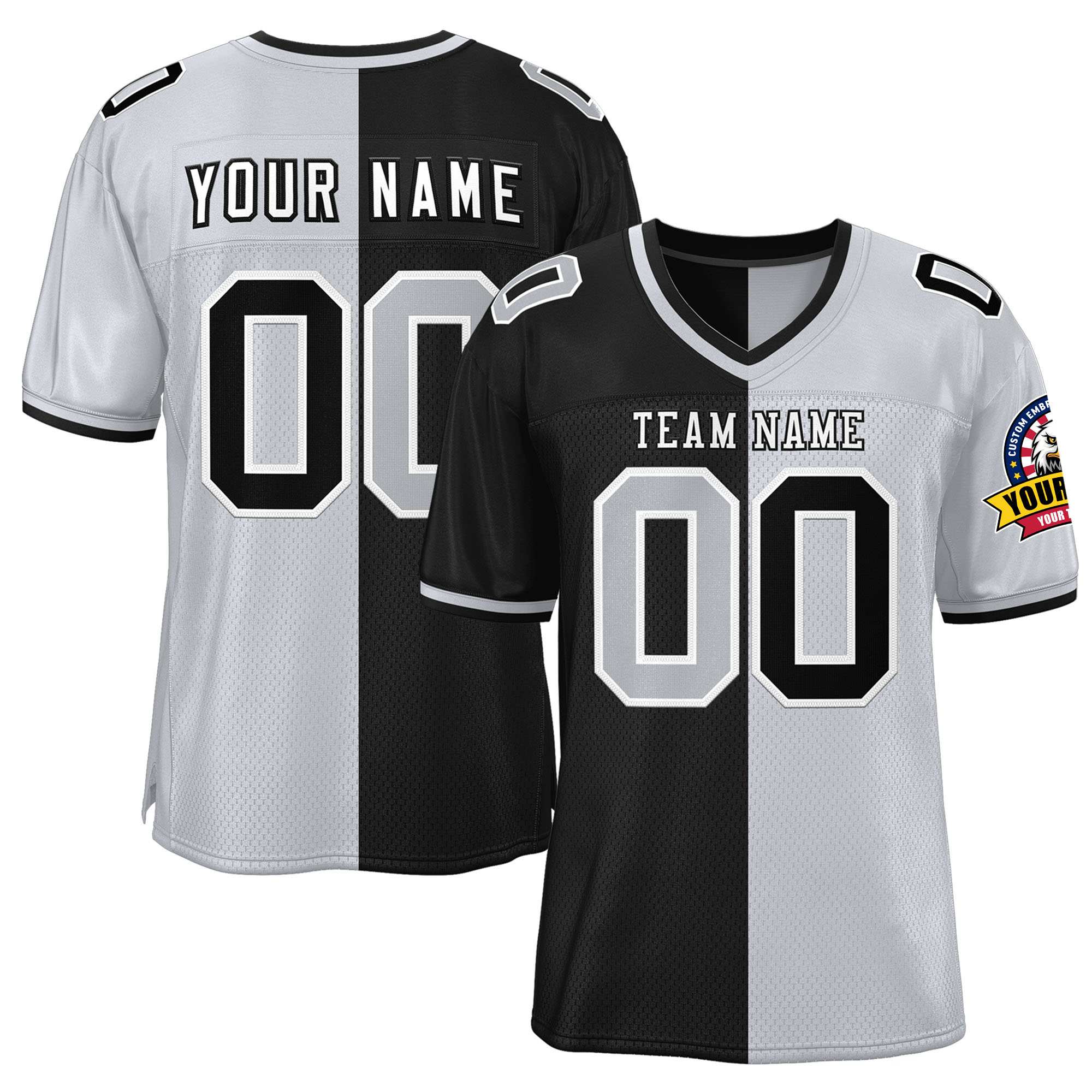 Custom Black Silver Personalized Split Two Tone Design Authentic Football Jersey