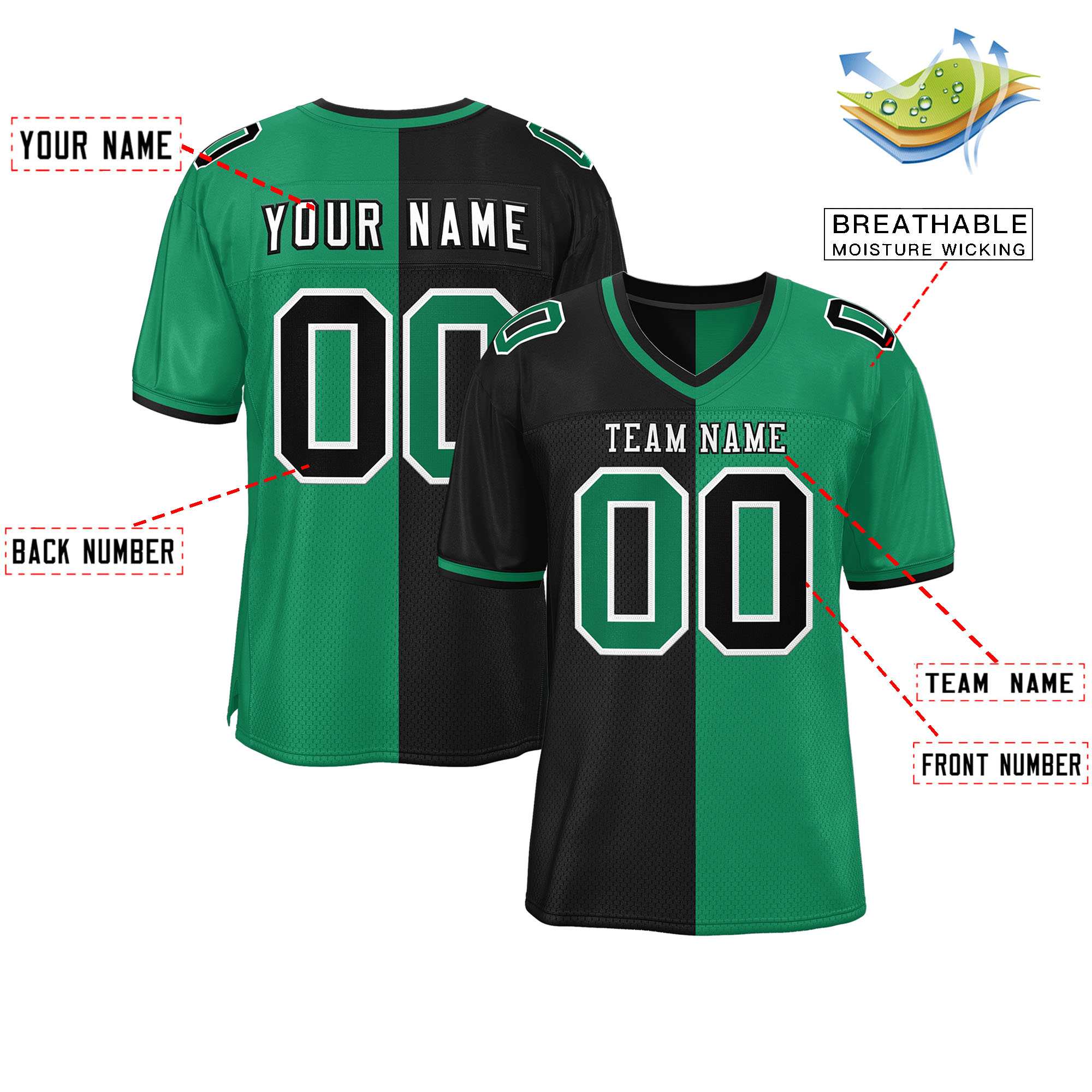 Custom Black Kelly Green Personalized Split Two Tone Design Authentic Football Jersey