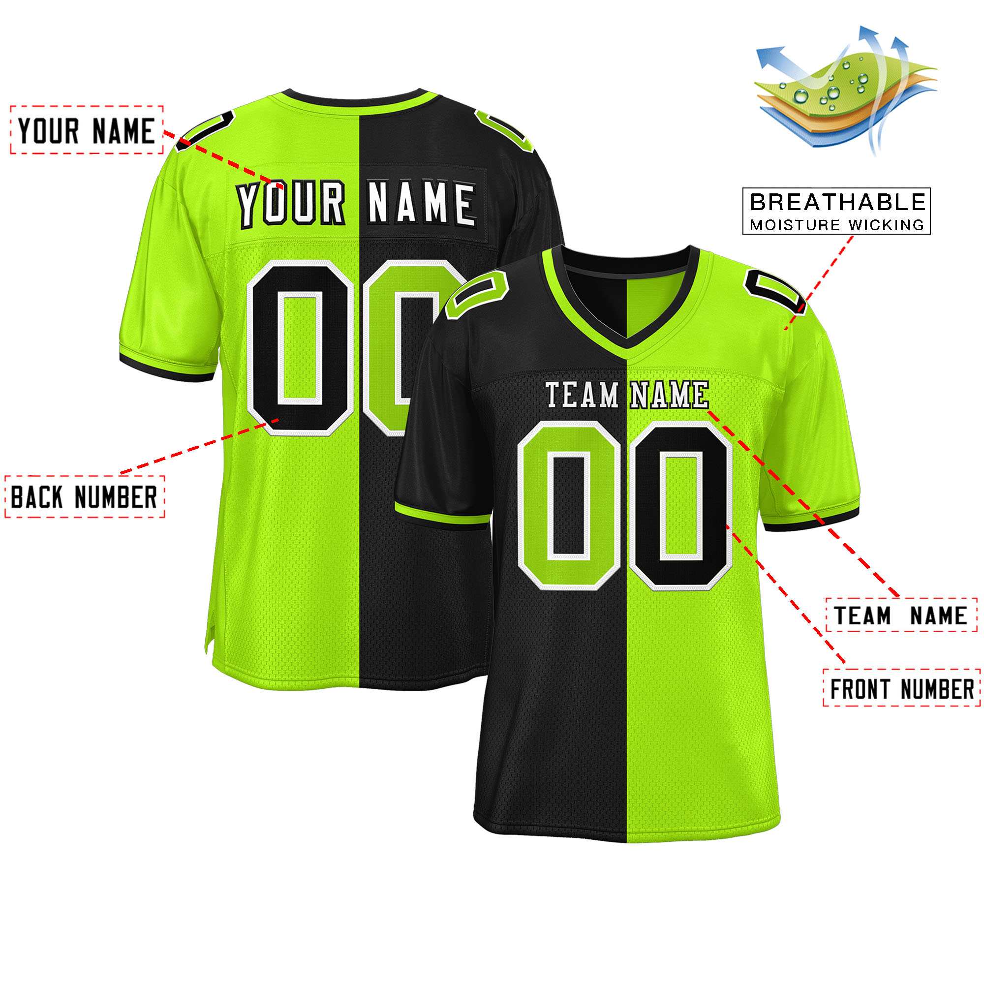 Custom Black Neon Green Personalized Split Two Tone Design Authentic Football Jersey