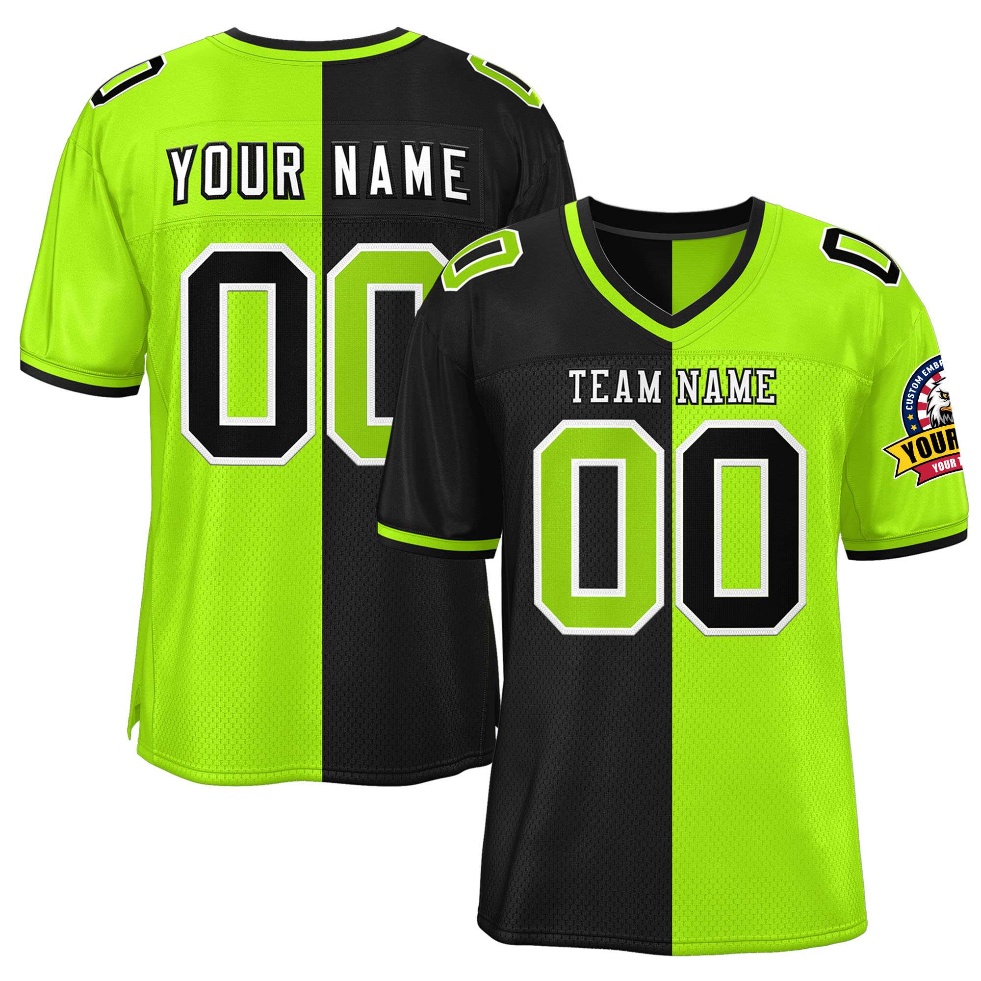 Custom Black Neon Green Personalized Split Two Tone Design Authentic Football Jersey